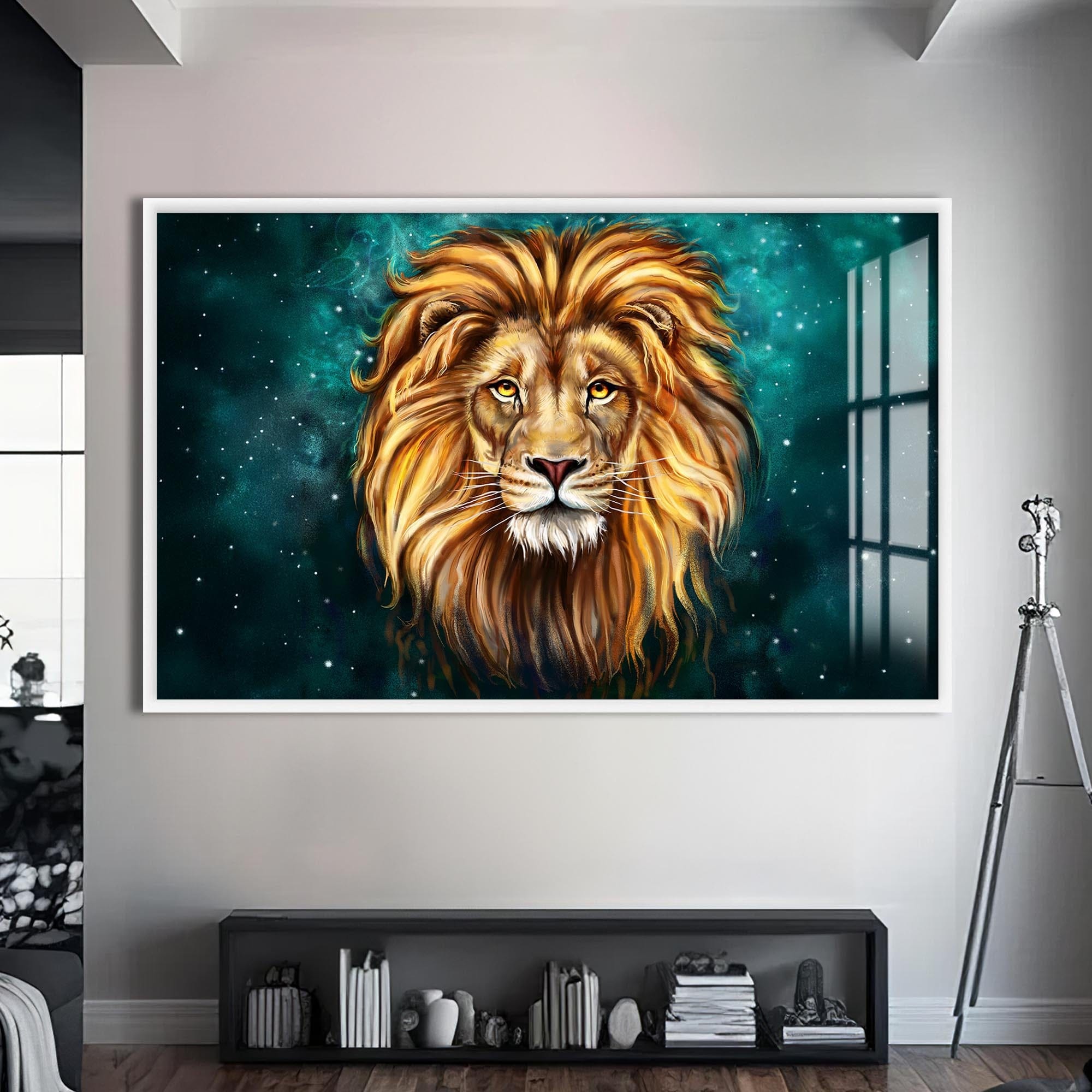 Artronauts Glass Print S | 72x46 cm | 28.3"x18.1" / White Mystic Galaxy Lion – Animal Tempered Glass Wall Art