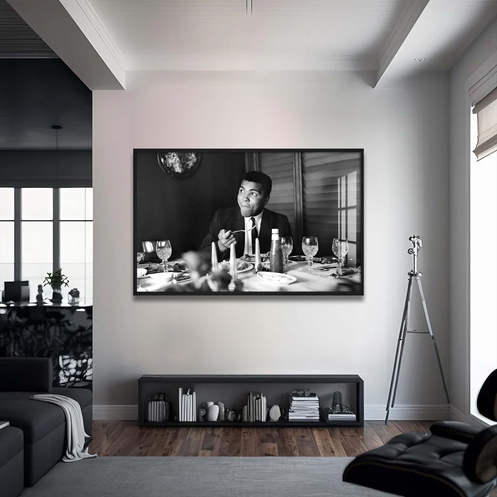 Artronauts Glass Print 72x46 cm | 28.3"x18.1" / Black Muhammad Ali - Dinner