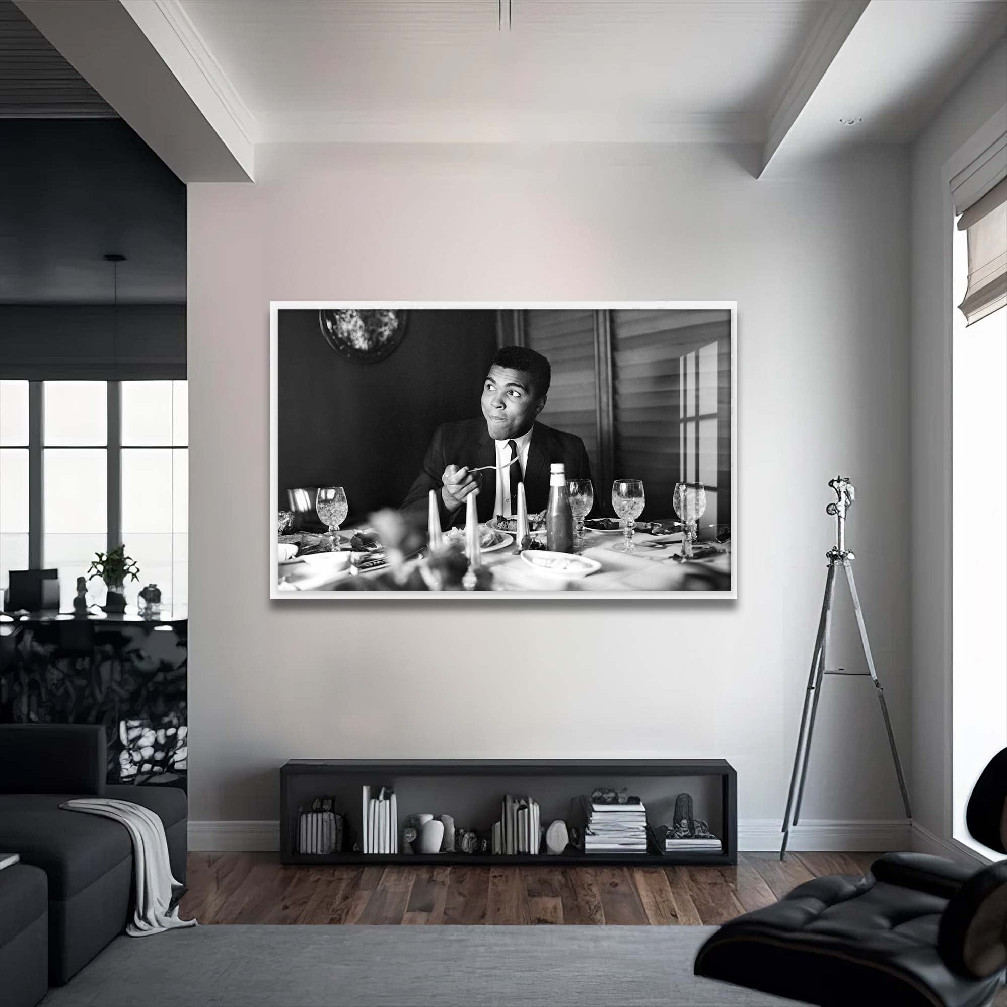 Artronauts Glass Print 72x46 cm | 28.3"x18.1" / White Muhammad Ali - Dinner