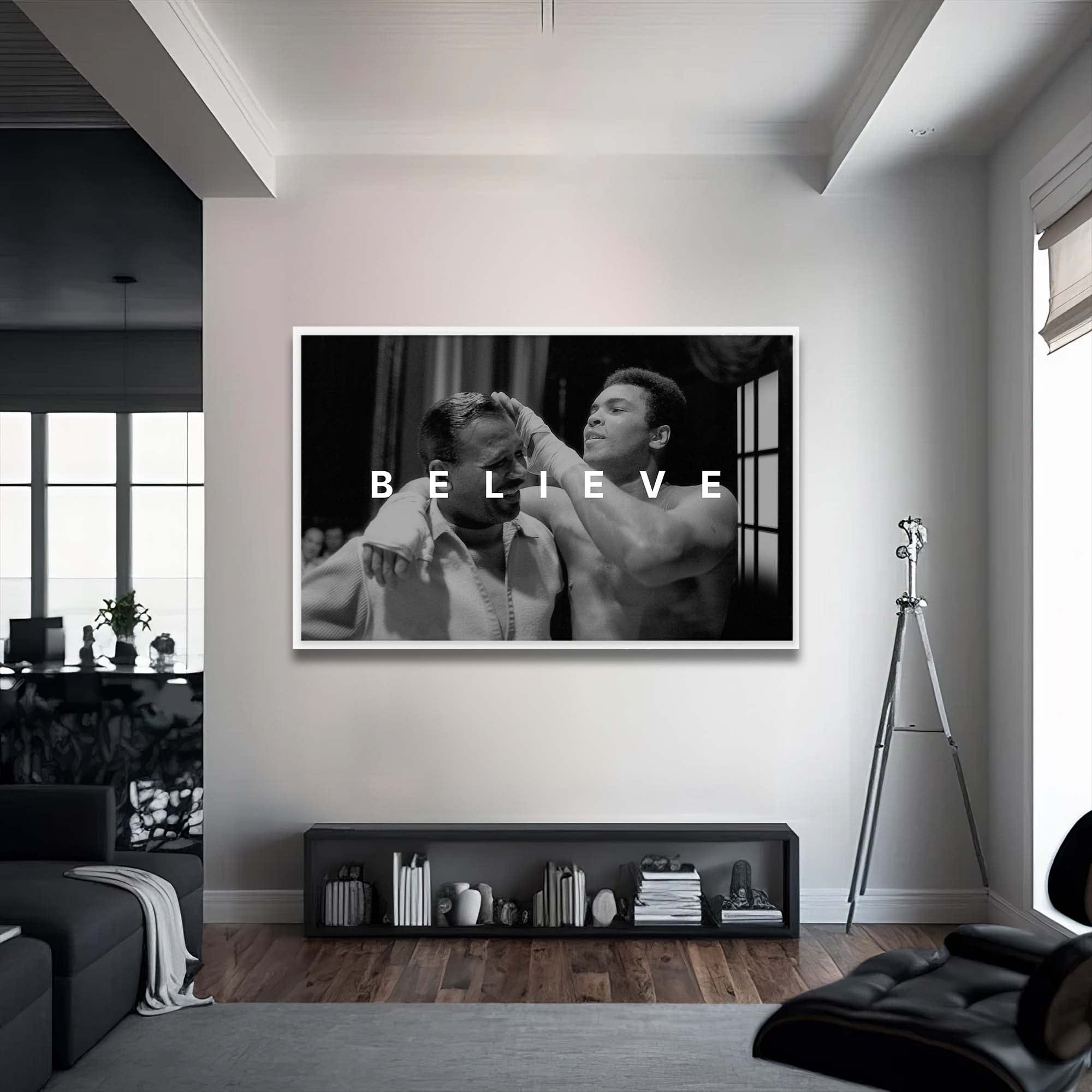 Artronauts Glass Print 72x46 cm | 28.3"x18.1" / White Muhammad Ali - Believe