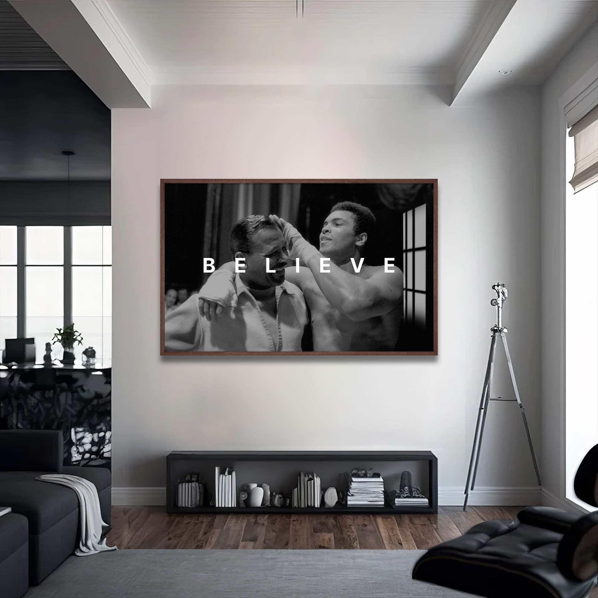 Artronauts Glass Print 72x46 cm | 28.3"x18.1" / Walnut Muhammad Ali - Believe
