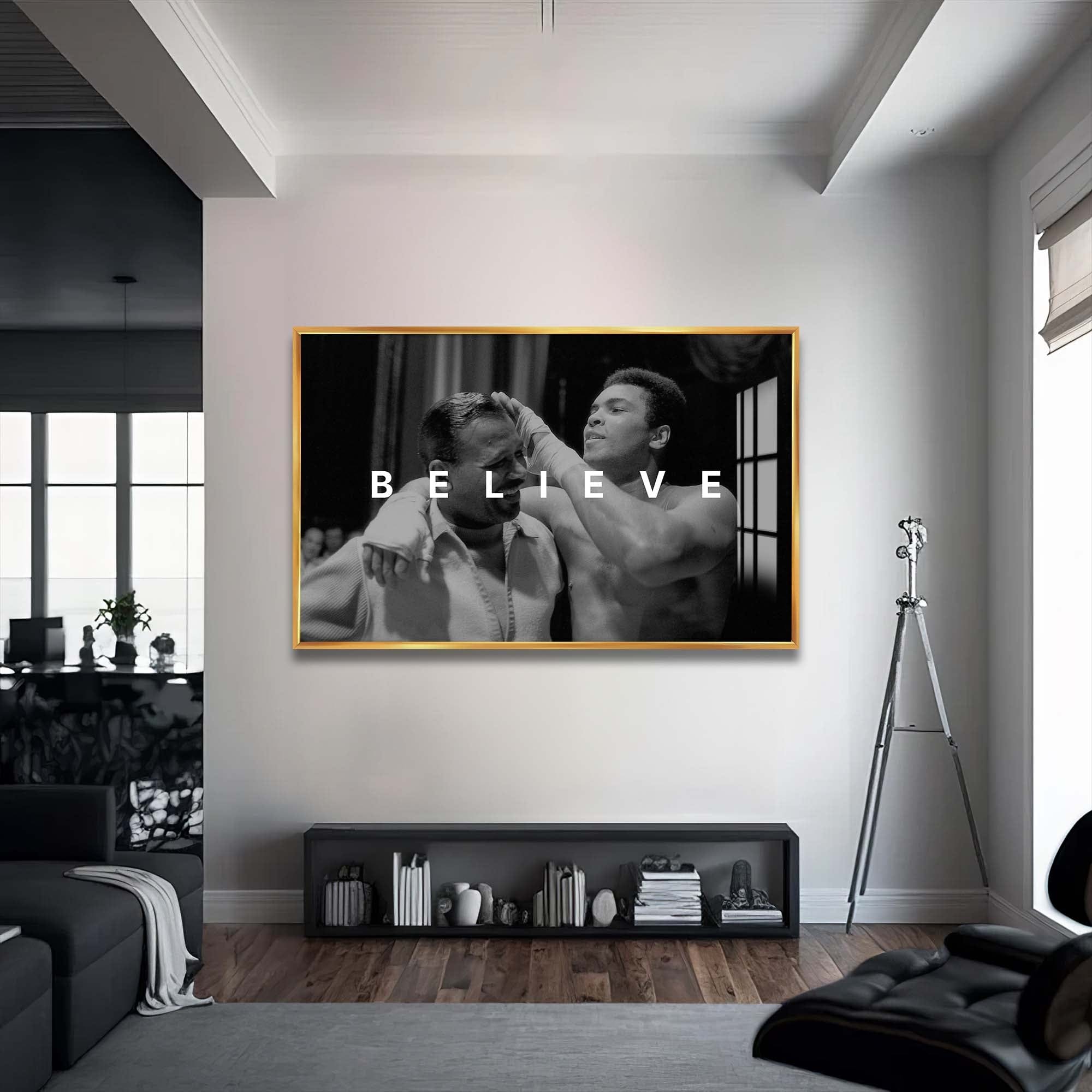 Artronauts Glass Print 72x46 cm | 28.3"x18.1" / Gold Muhammad Ali - Believe