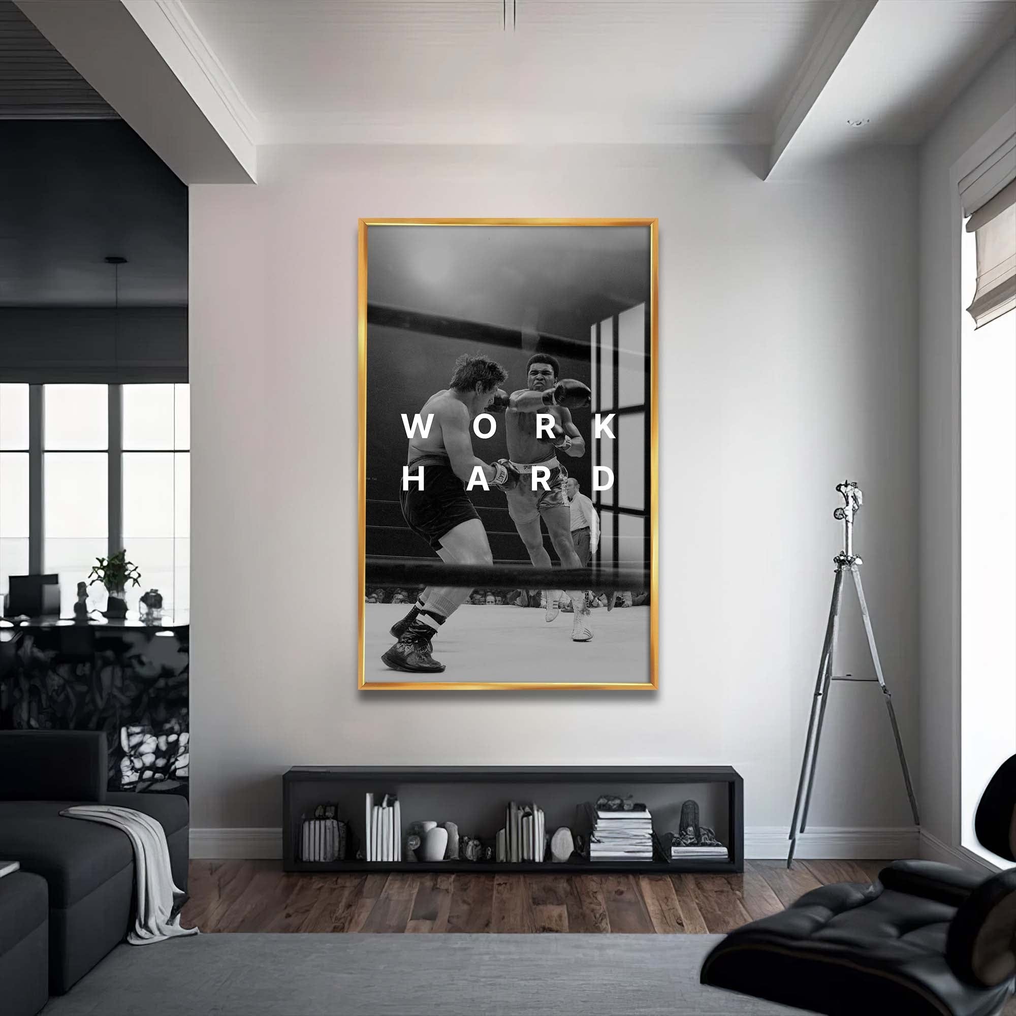 Artronauts Glass Print 72x46 cm | 28.3"x18.1" / Gold Muhammad Ali - Work Hard