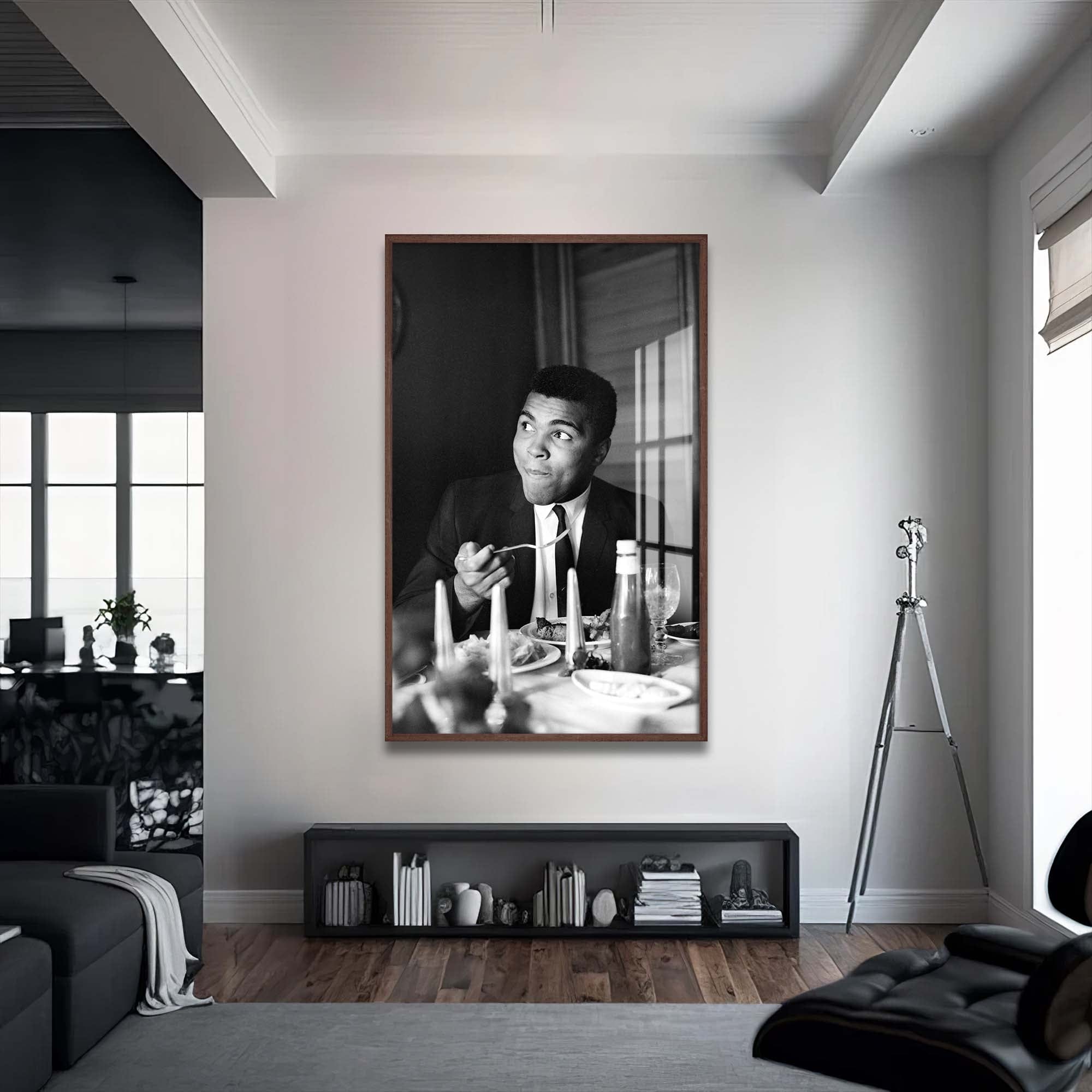 Artronauts Glass Print 72x46 cm | 28.3"x18.1" / Walnut Muhammad Ali - Dinner