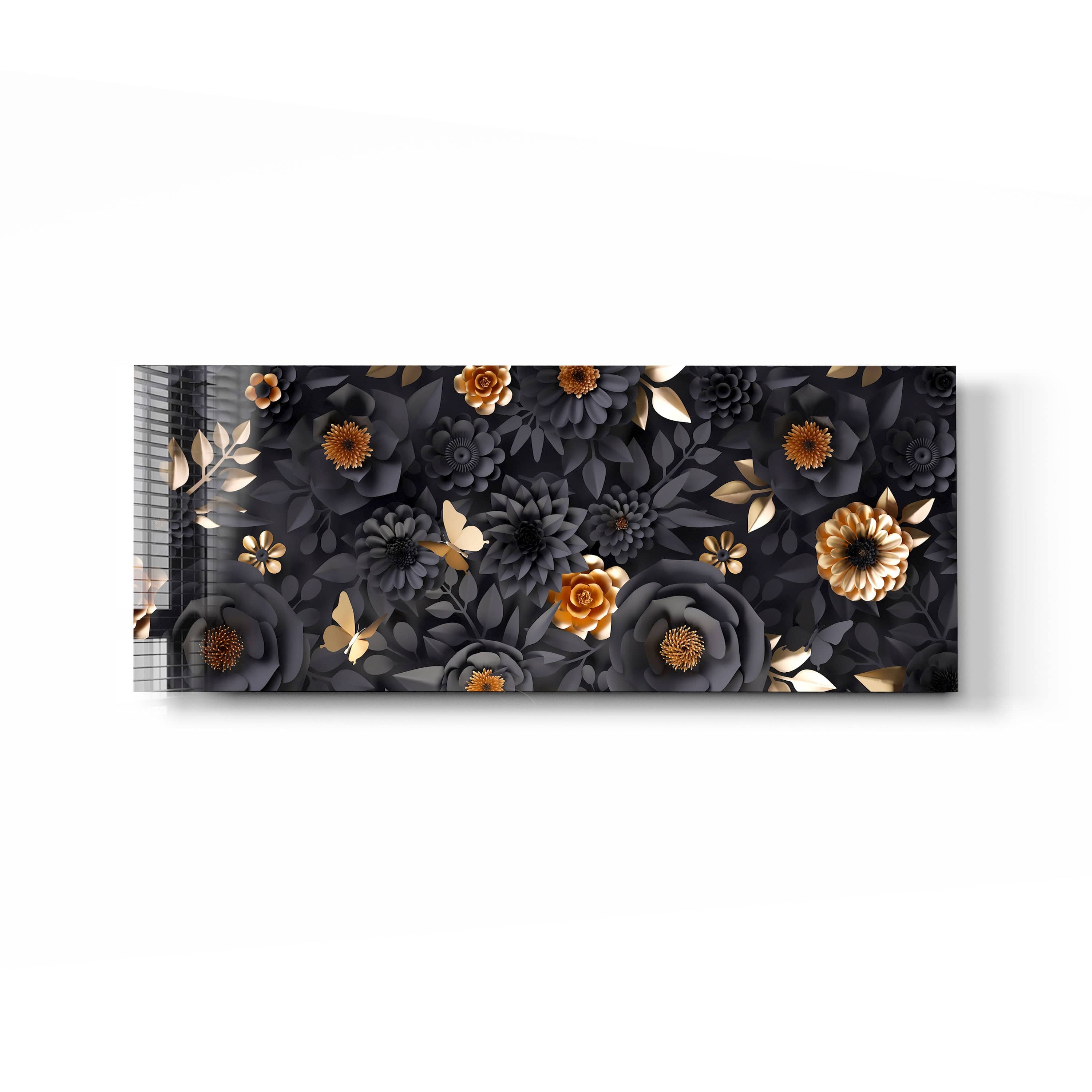 Artronauts Glass Print 92x36cm Black & Gold Flowers - Panoramic