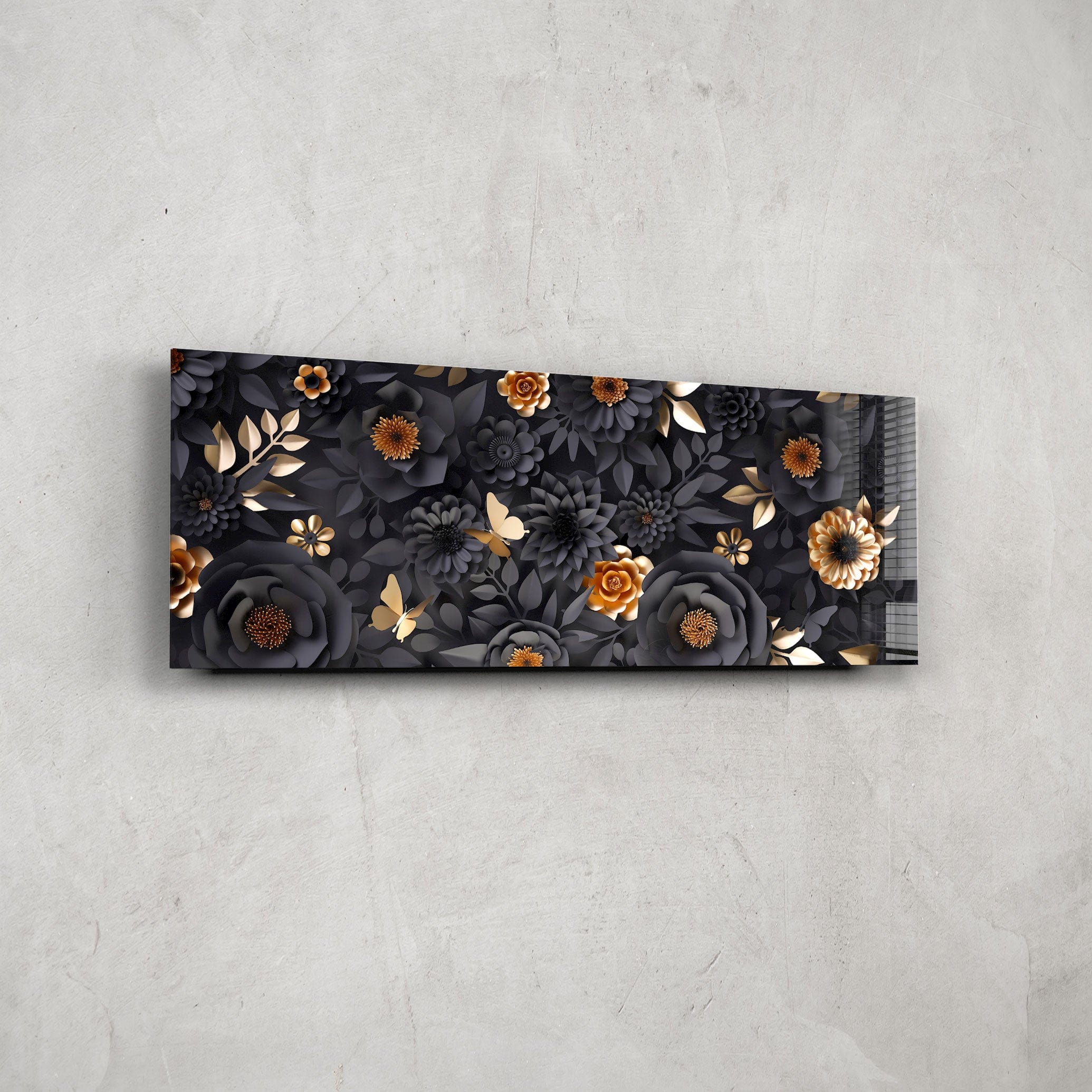 Artronauts Glass Print 92x36cm Black & Gold Flowers - Panoramic