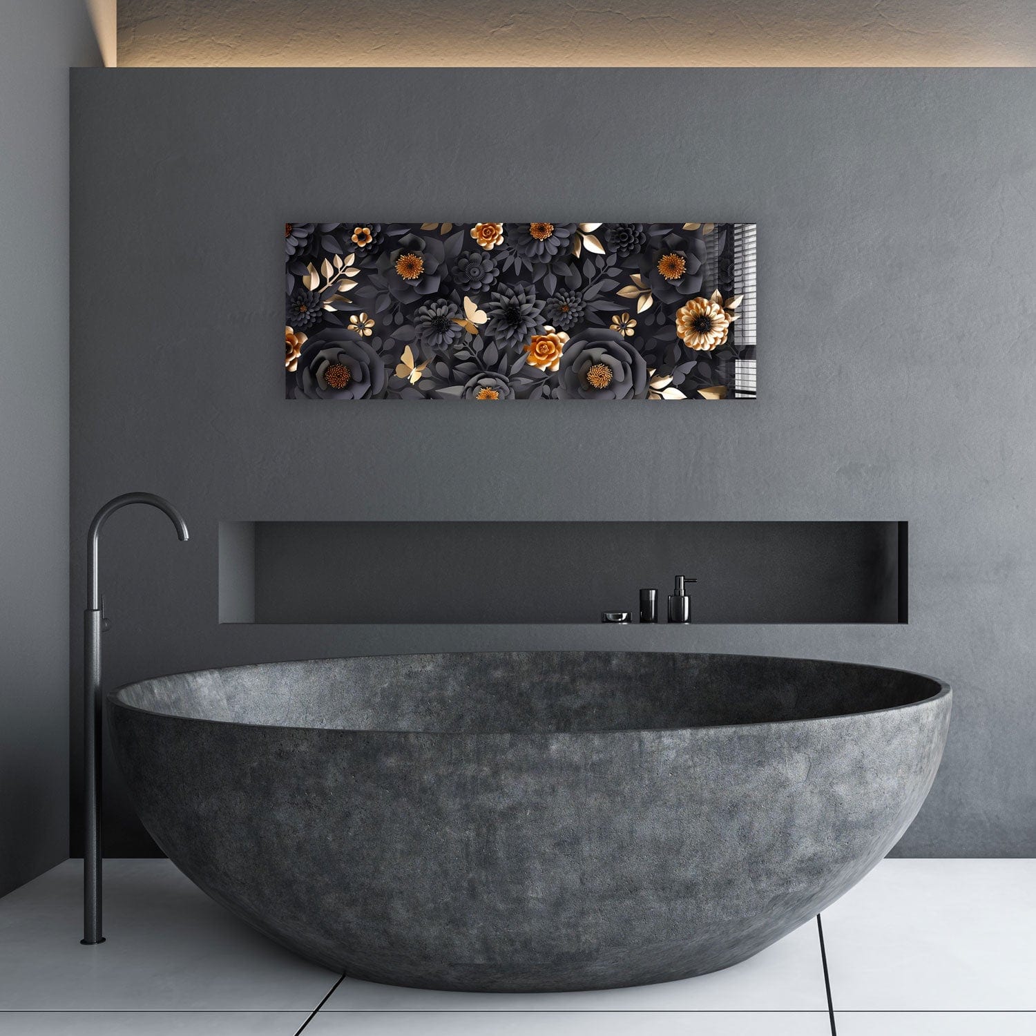 Artronauts Glass Print 92x36cm Black & Gold Flowers - Panoramic