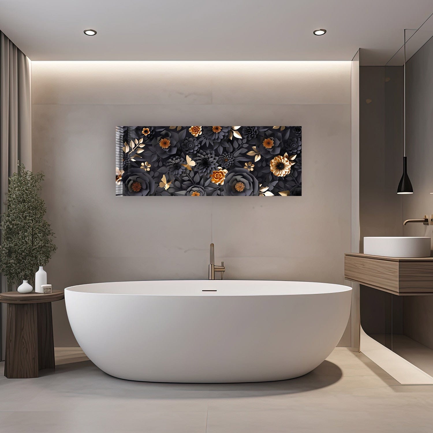 Artronauts Glass Print 92x36cm Black & Gold Flowers - Panoramic
