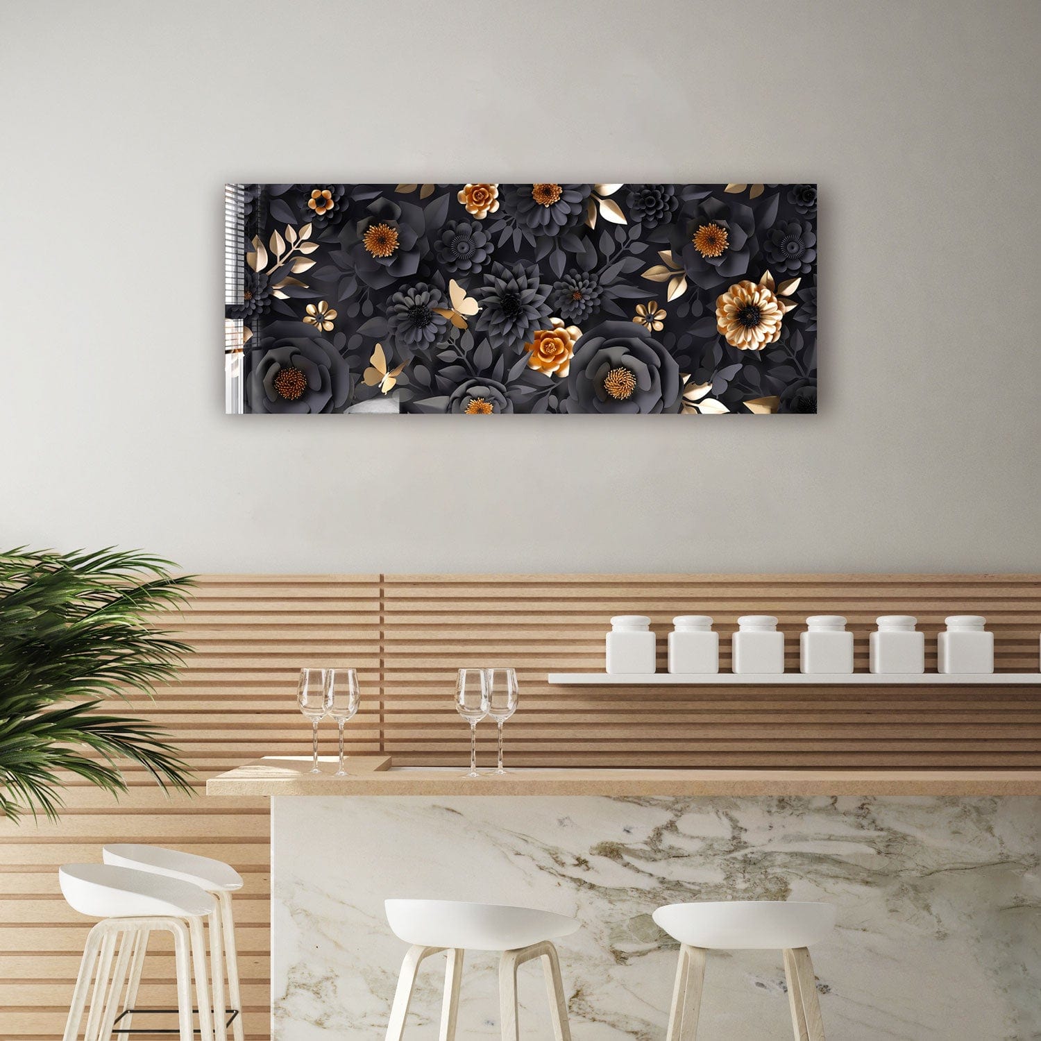 Artronauts Glass Print 92x36cm Black & Gold Flowers - Panoramic