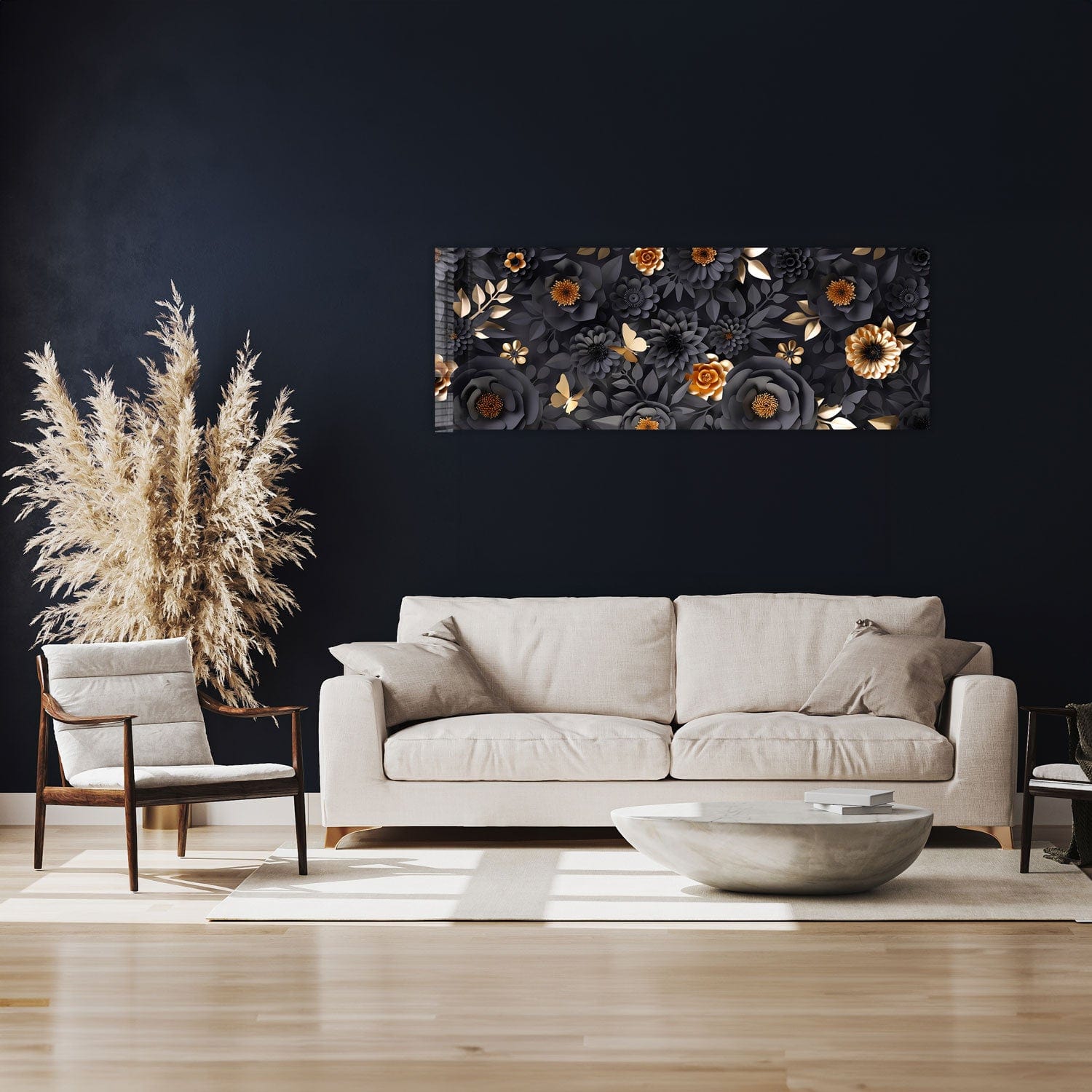 Artronauts Glass Print 92x36cm Black & Gold Flowers - Panoramic
