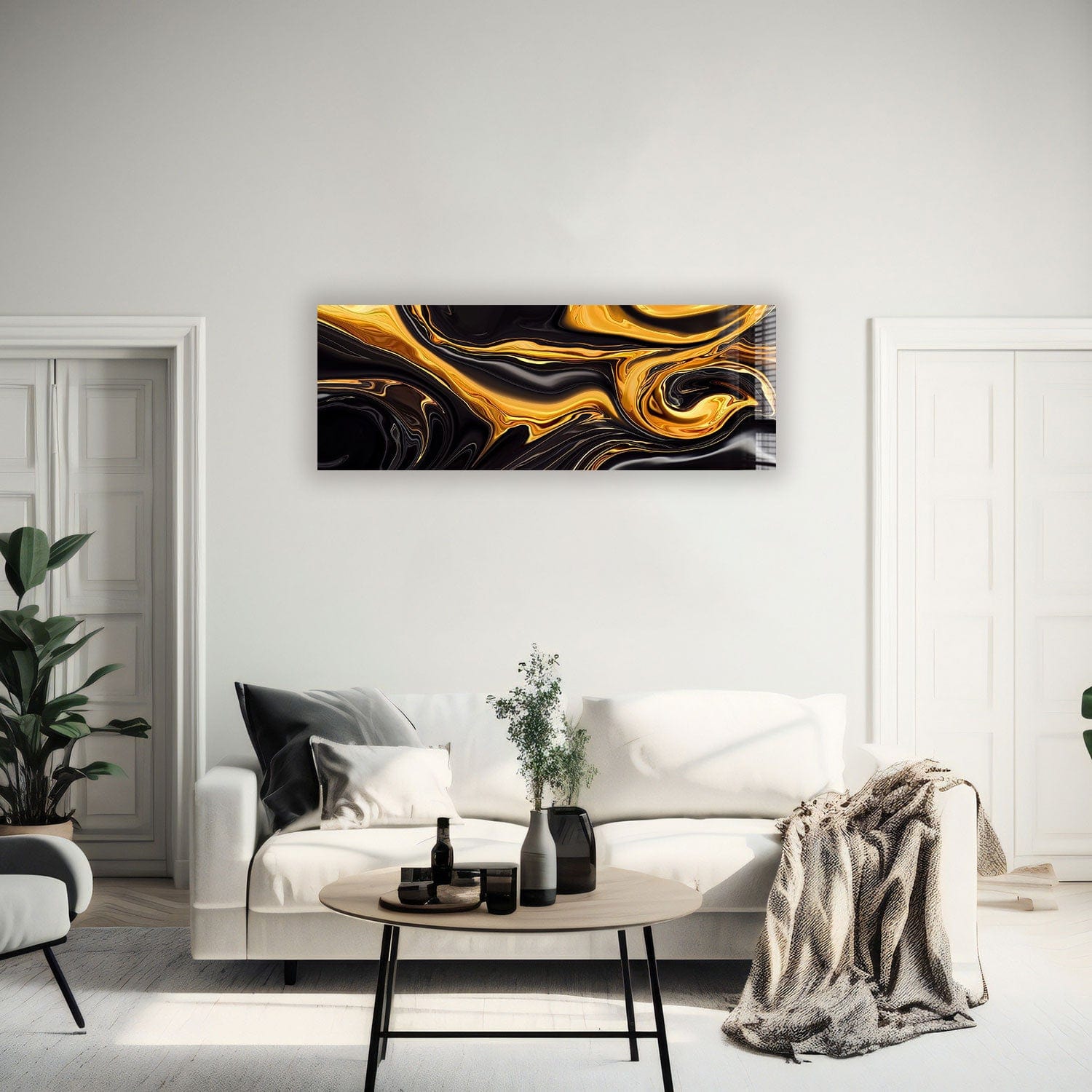 Artronauts Glass Print 92x36cm Abstract Gold & Black - Panoramic