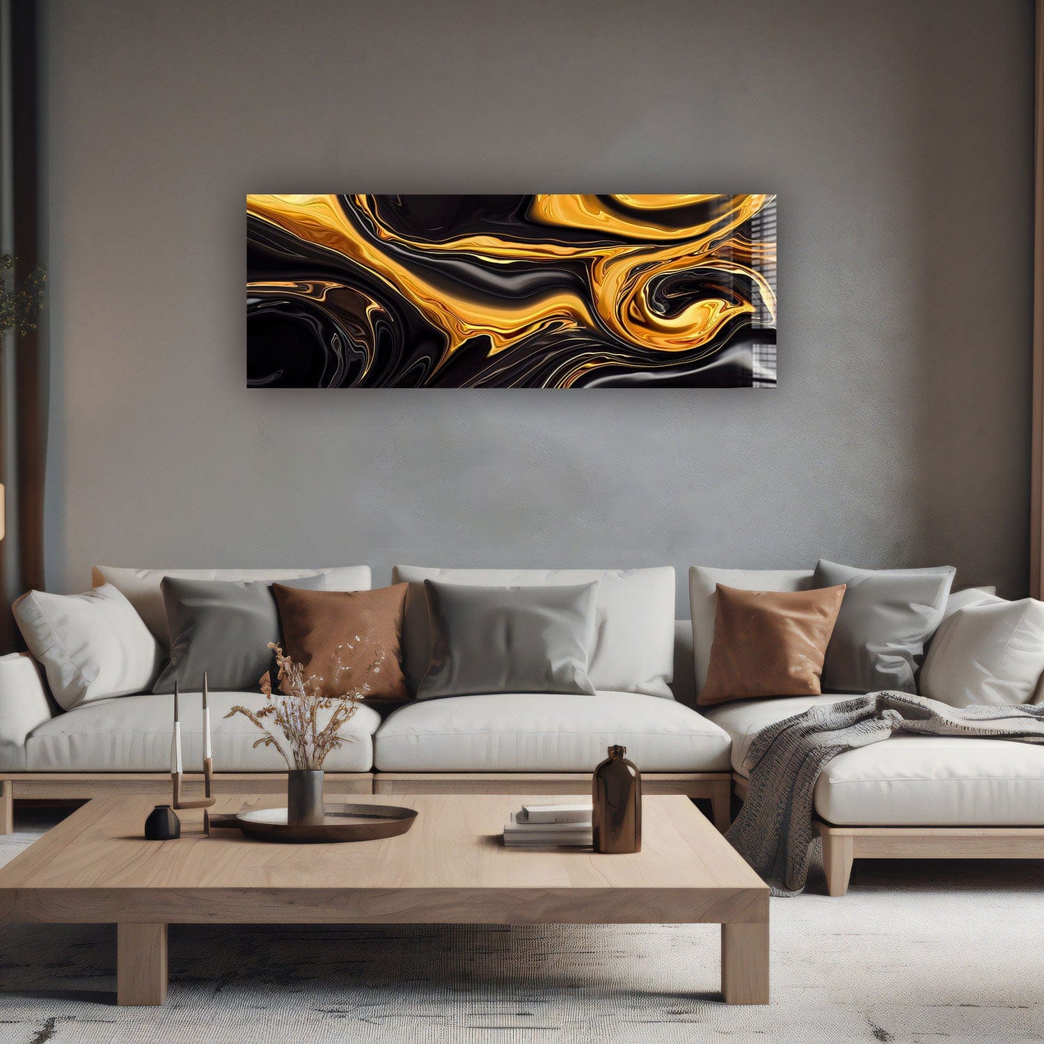 Artronauts Glass Print 92x36cm Abstract Gold & Black - Panoramic
