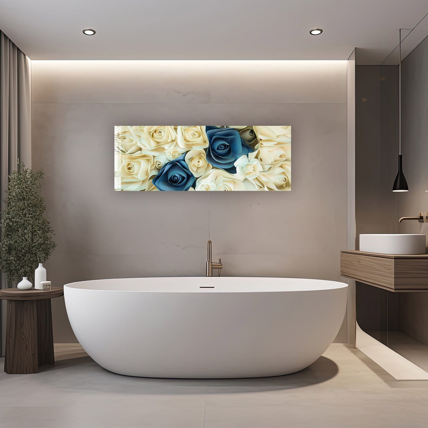 Artronauts Glass Print 92x36cm White & Blue Roses - Panoramic