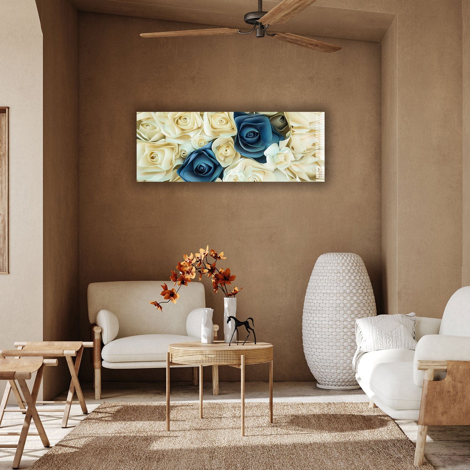 Artronauts Glass Print 92x36cm White & Blue Roses - Panoramic