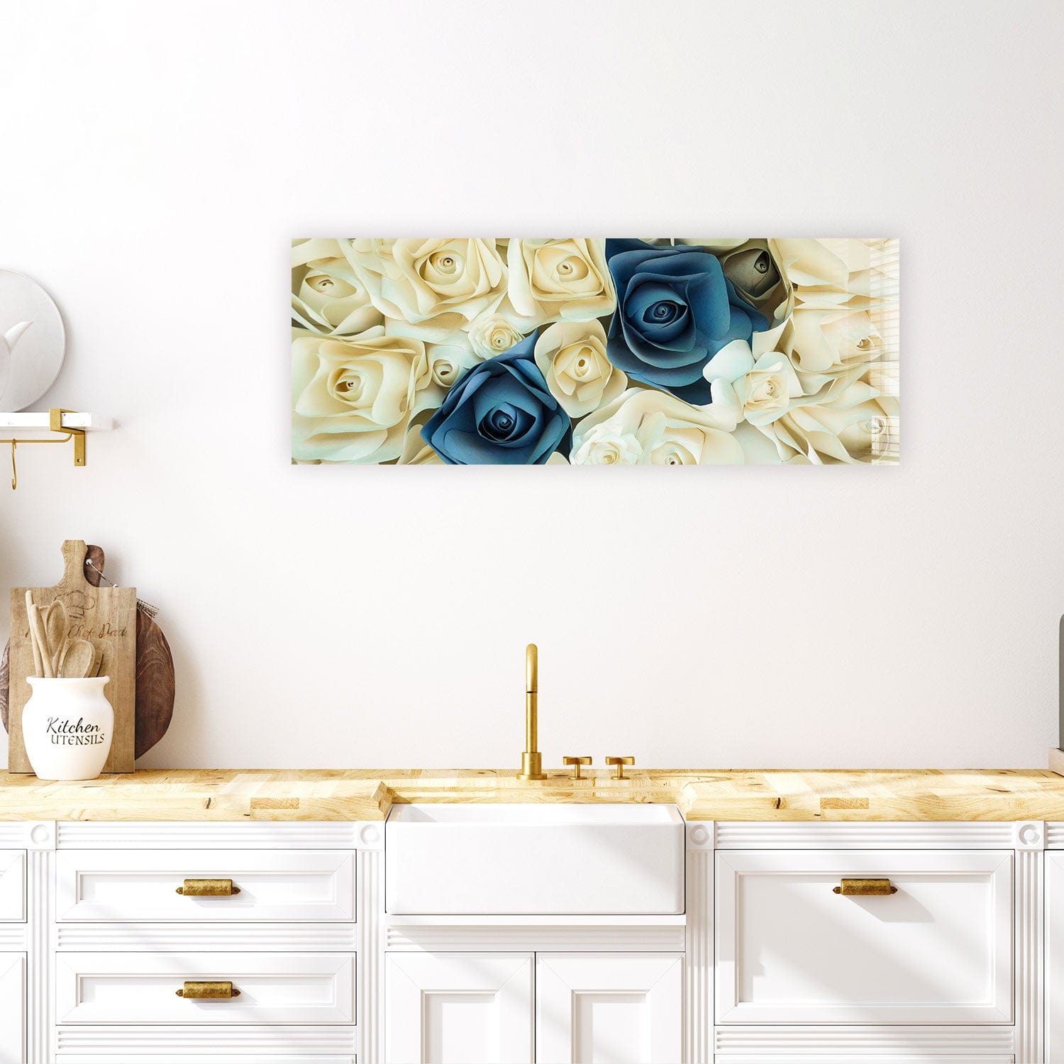 Artronauts Glass Print 92x36cm White & Blue Roses - Panoramic