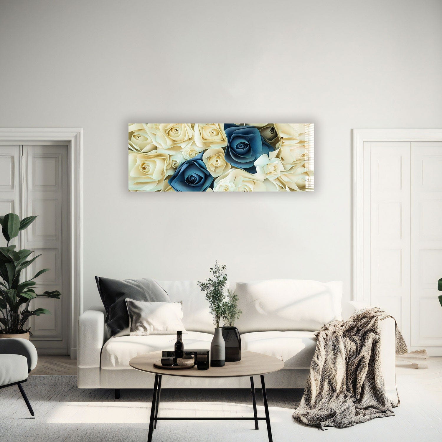 Artronauts Glass Print 92x36cm White & Blue Roses - Panoramic