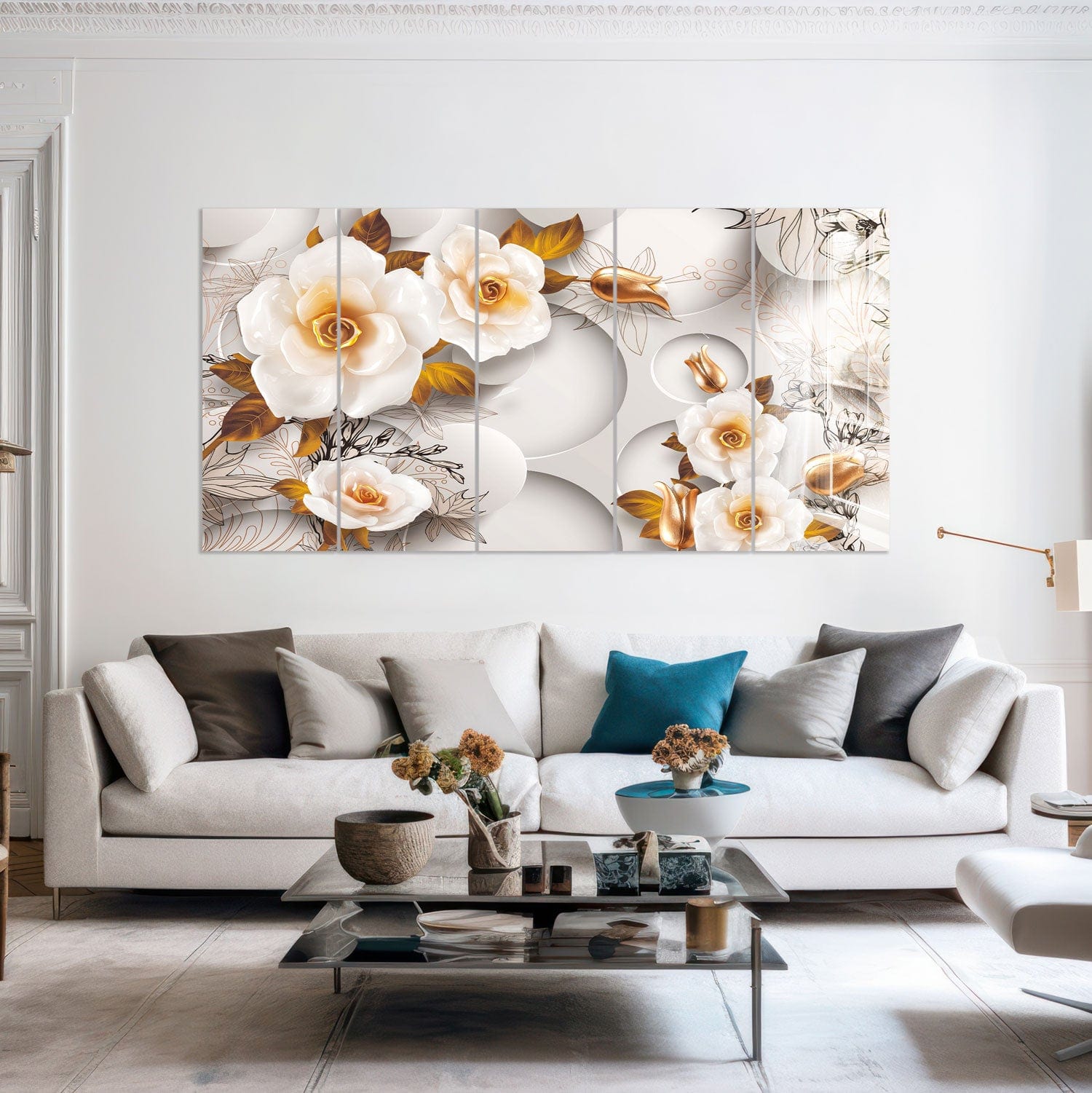 Artronauts Glass Print 92x180 cm | 36.5"x71.5" White Gold Roses
