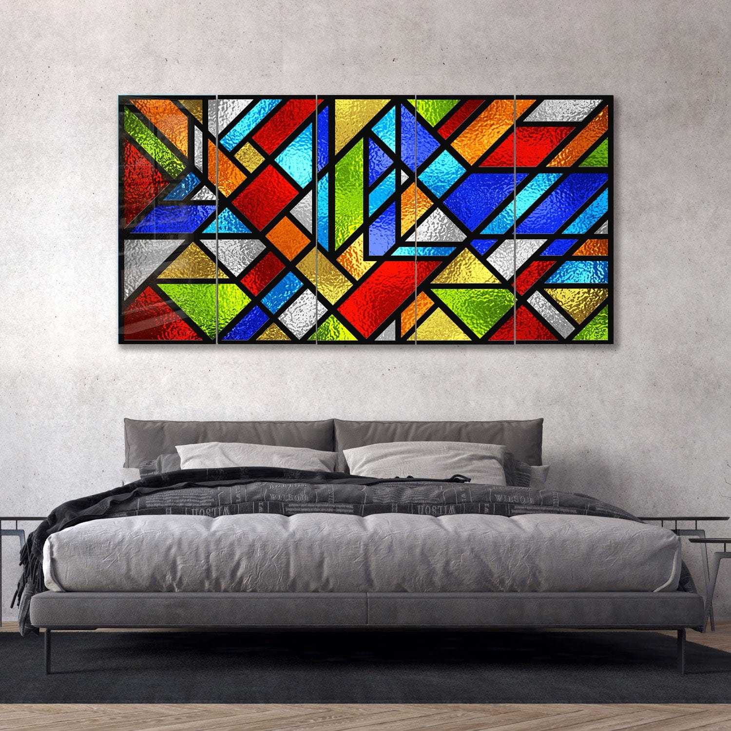Artronauts Glass Print 92x180 cm | 36.5"x71.5" Colourful Shapes Stained Glass Effect