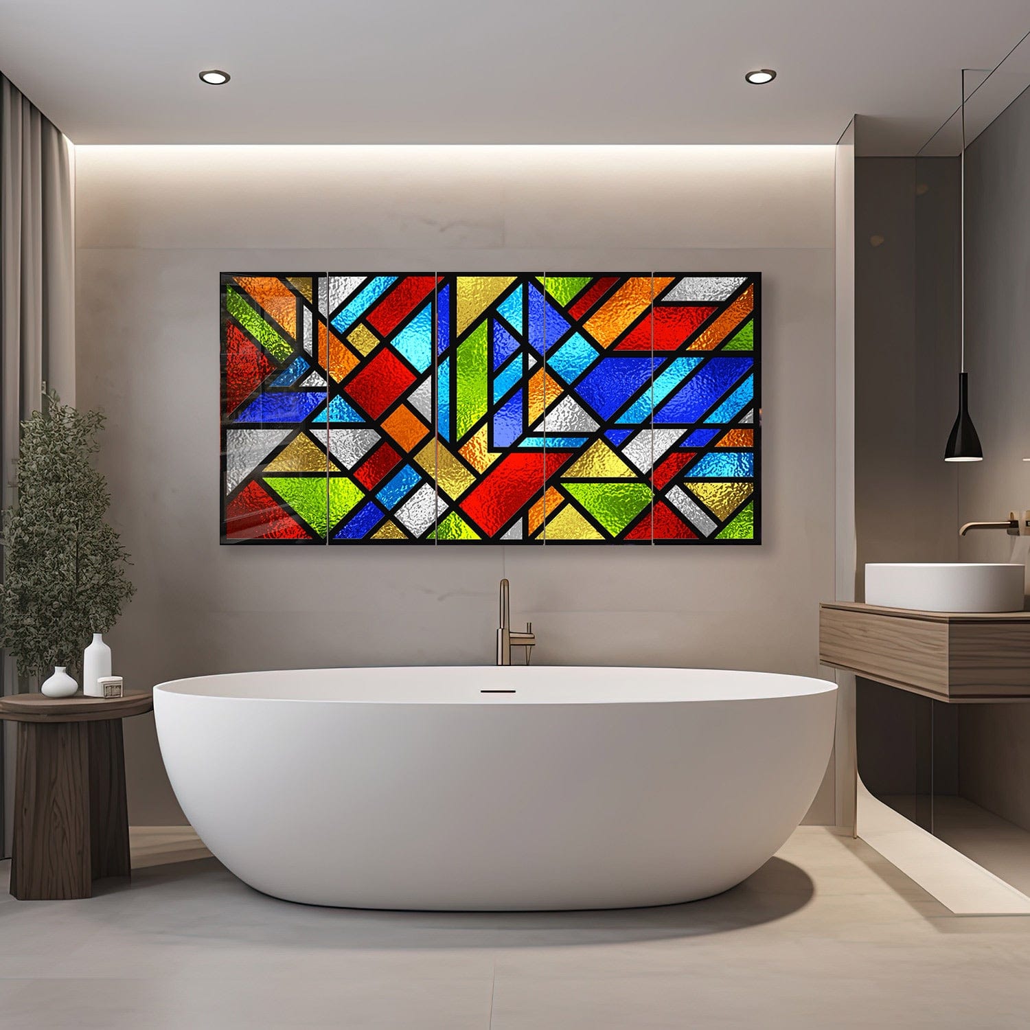 Artronauts Glass Print 92x180 cm | 36.5"x71.5" Colourful Shapes Stained Glass Effect