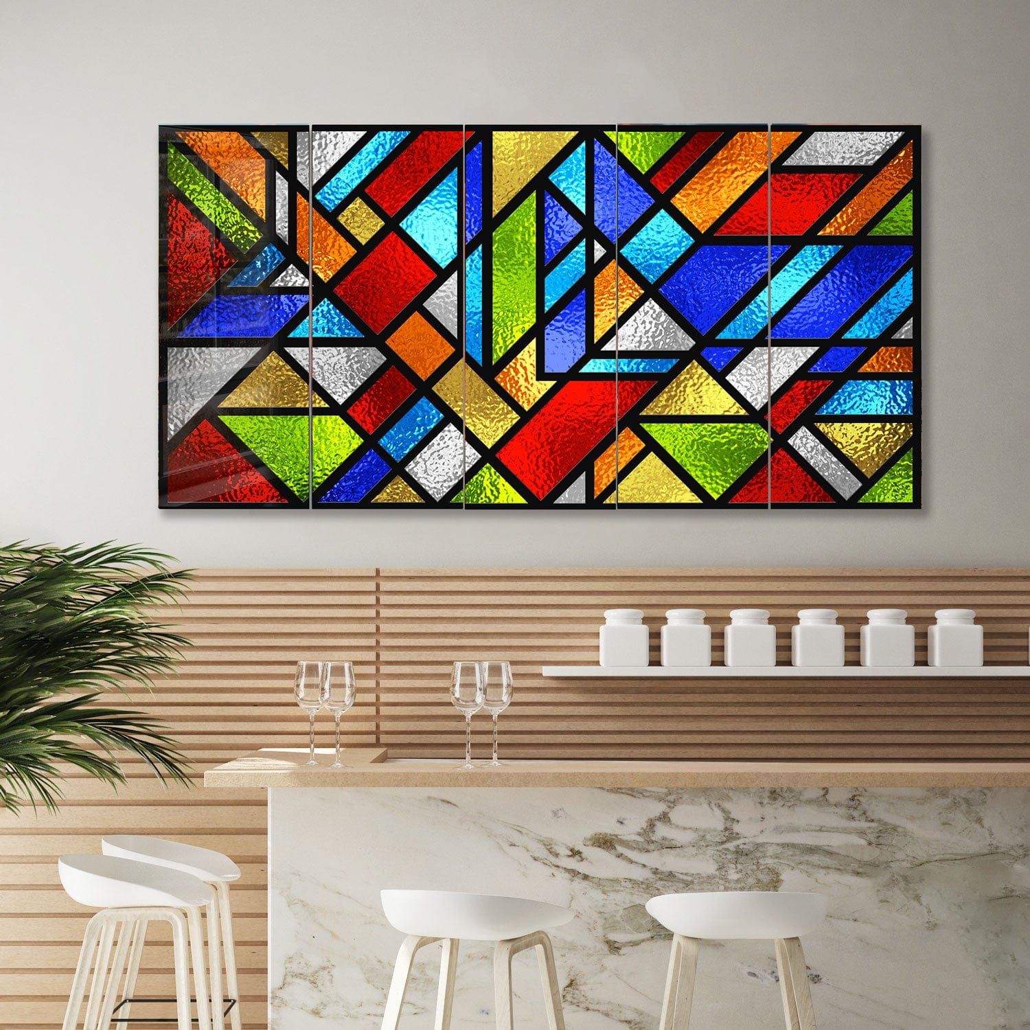 Artronauts Glass Print 92x180 cm | 36.5"x71.5" Colourful Shapes Stained Glass Effect