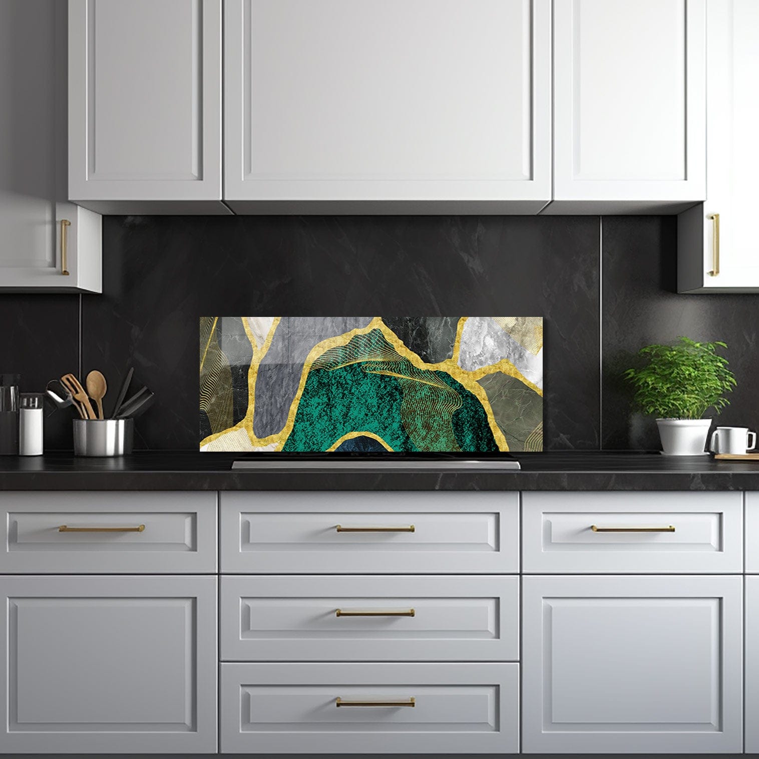 Artronauts Glass Print 92x36 cm | 36.2"x14.2" Green Marble - Glass Splashback