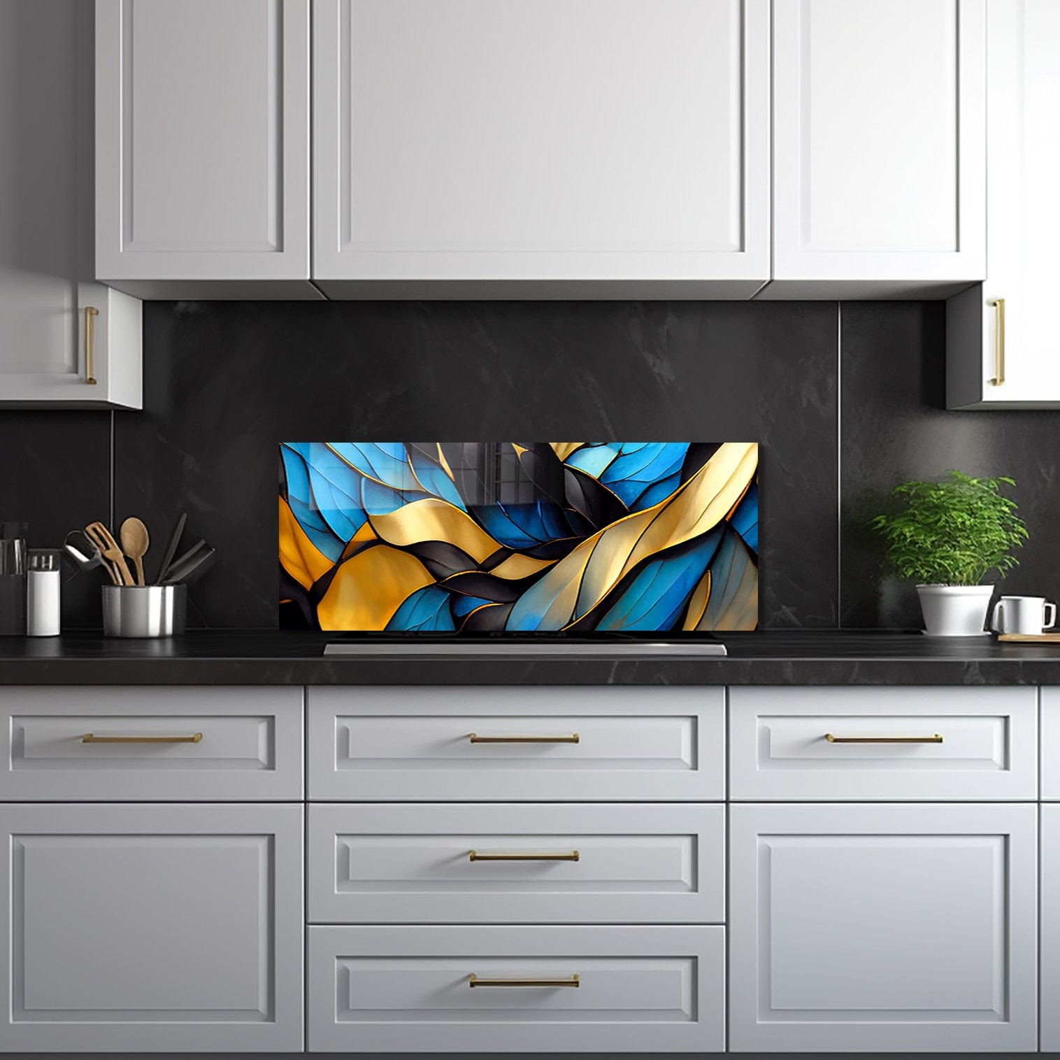 Artronauts Glass Print 92x36 cm | 36.2"x14.2" Blue Abstract Waves - Glass Splashback