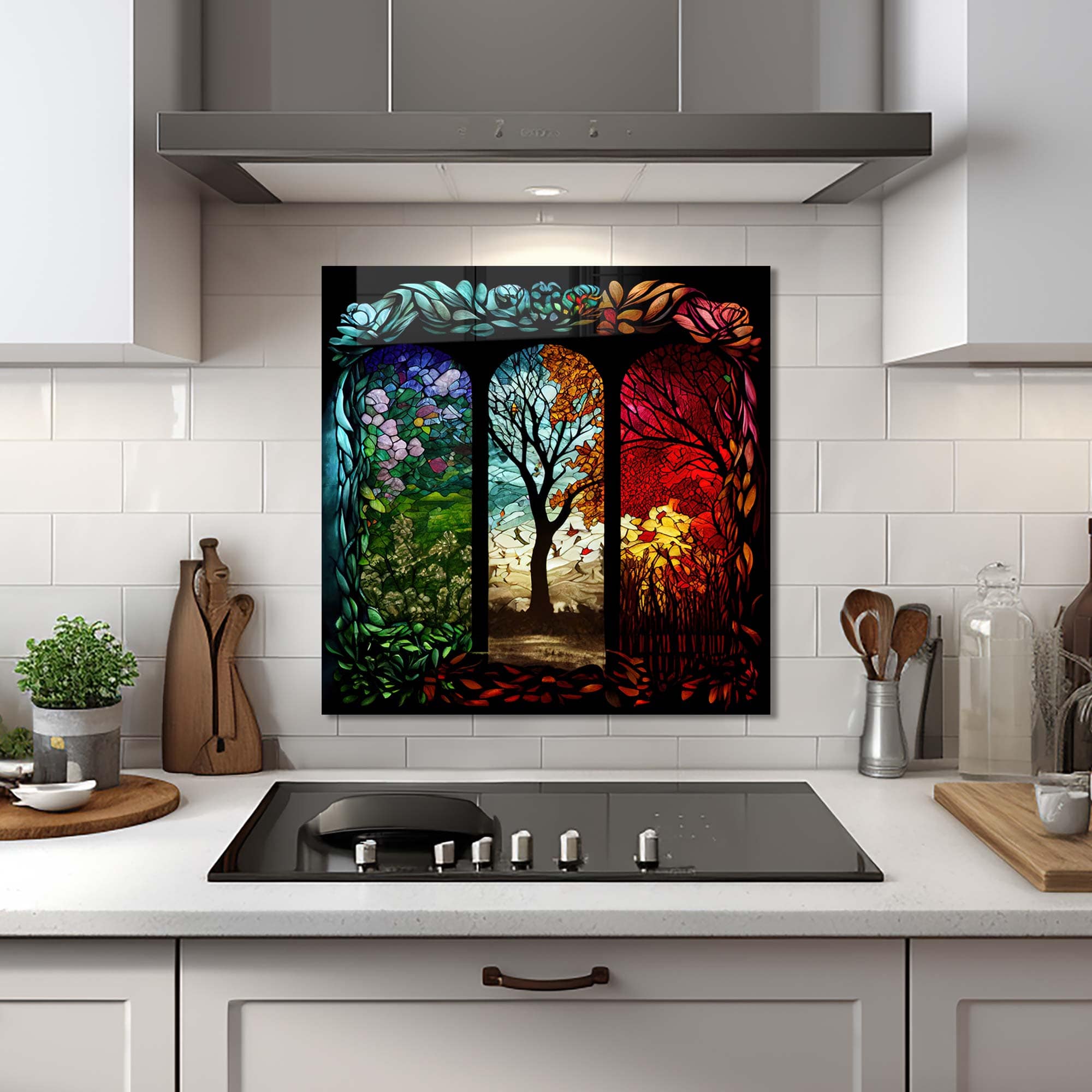 Artronauts Glass Print 60x60 cm | 23.6"x23.6" Seasons of Tree II - Glass Splashback