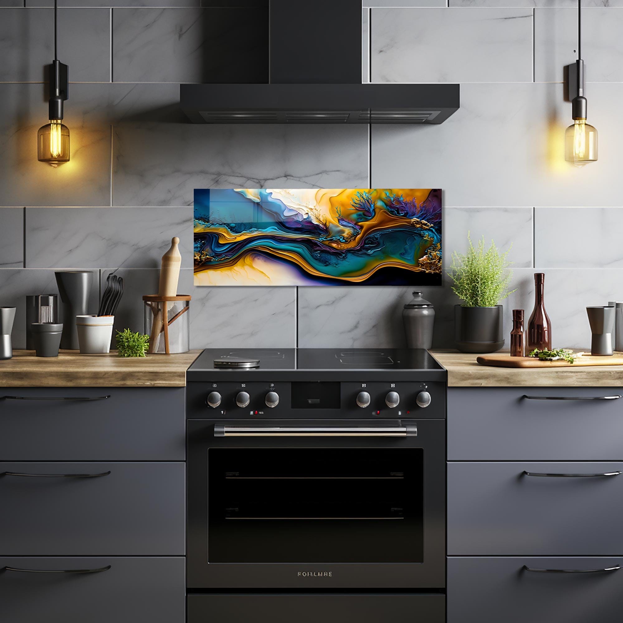 Artronauts Glass Print 92x36 cm | 36.2"x14.2" Abstract Brushes II - Glass Splashback