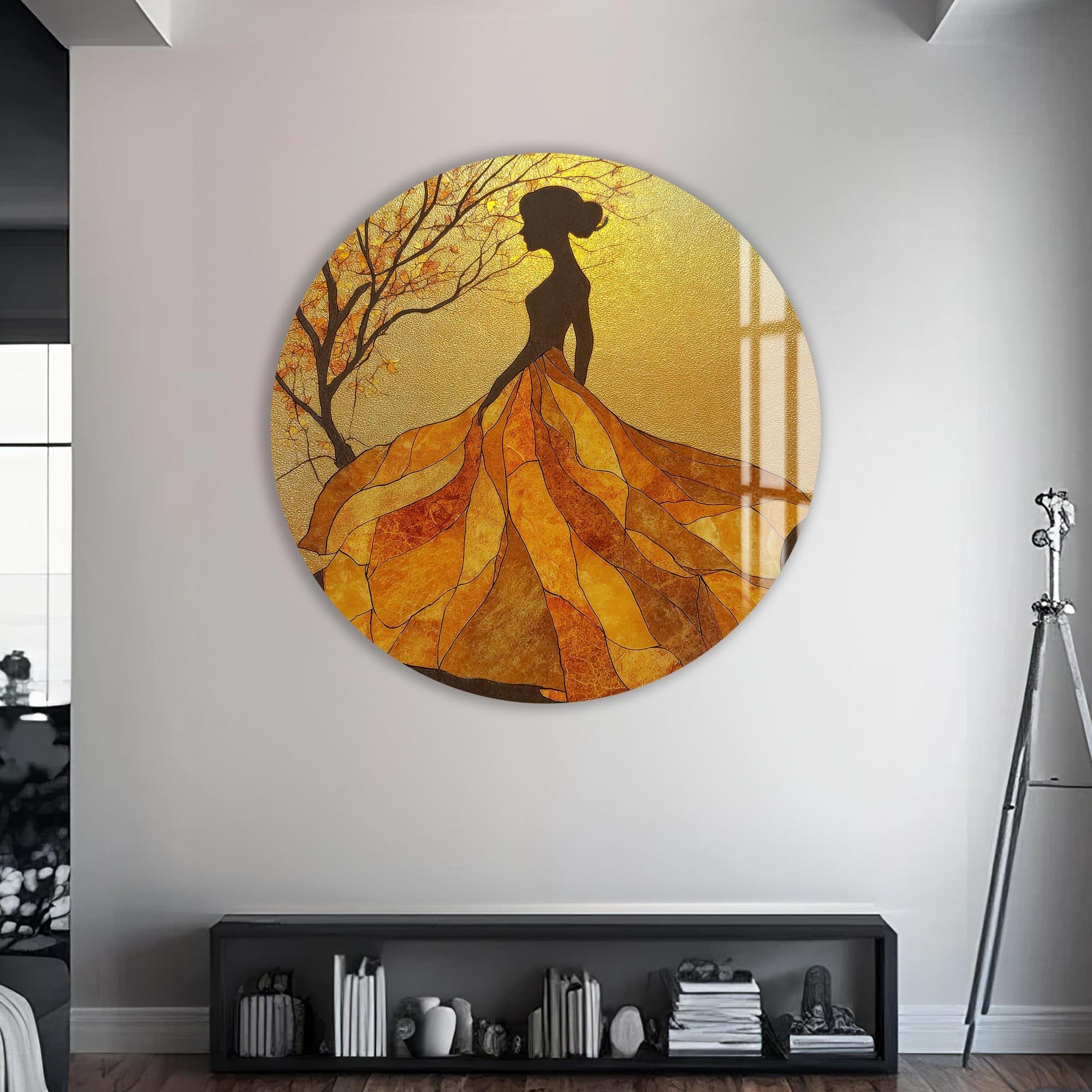 Artronauts Glass Print Golden Leaf Silhouette - Tempered Glass Wall Art