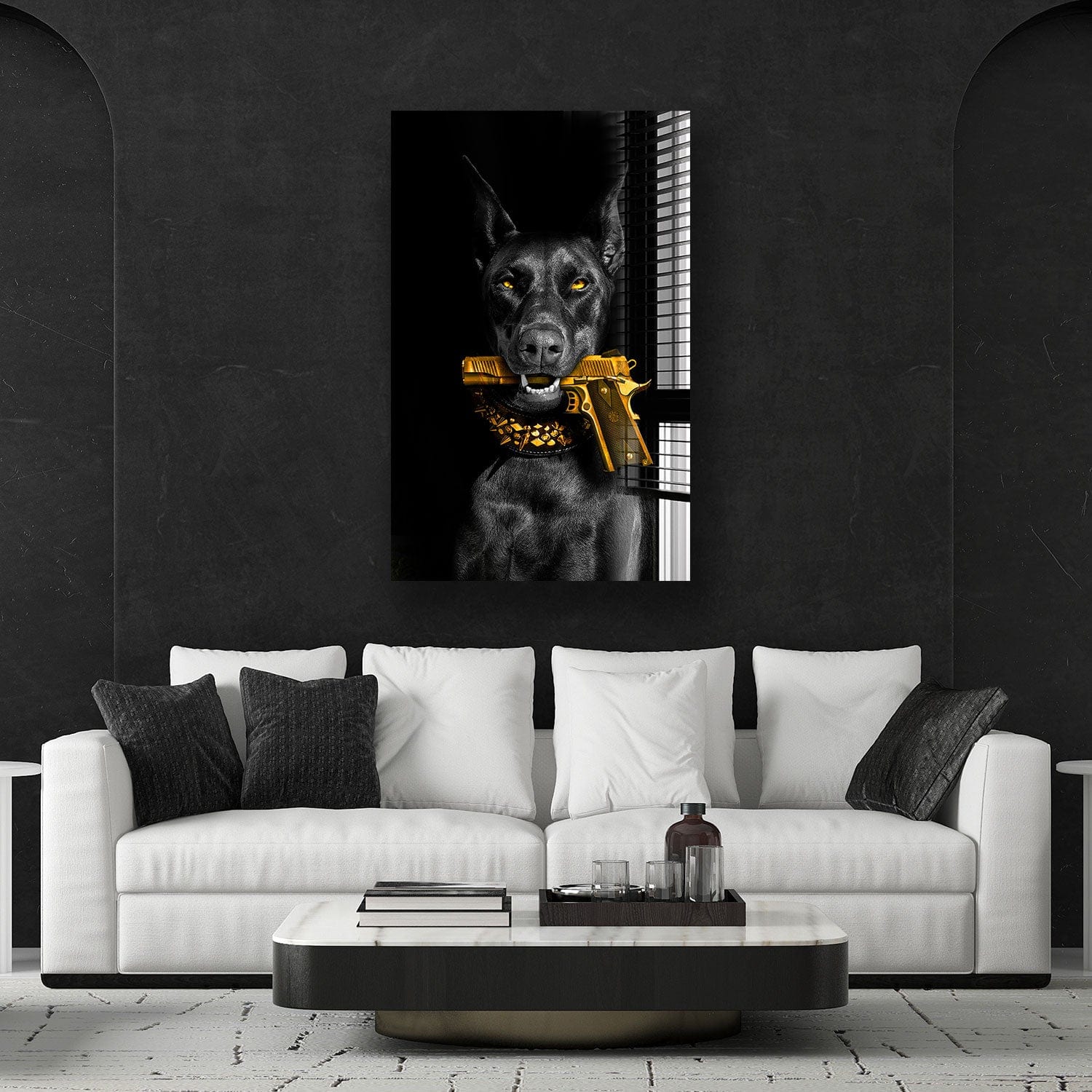 Artronauts Glass Print Doberman Holds a Gun