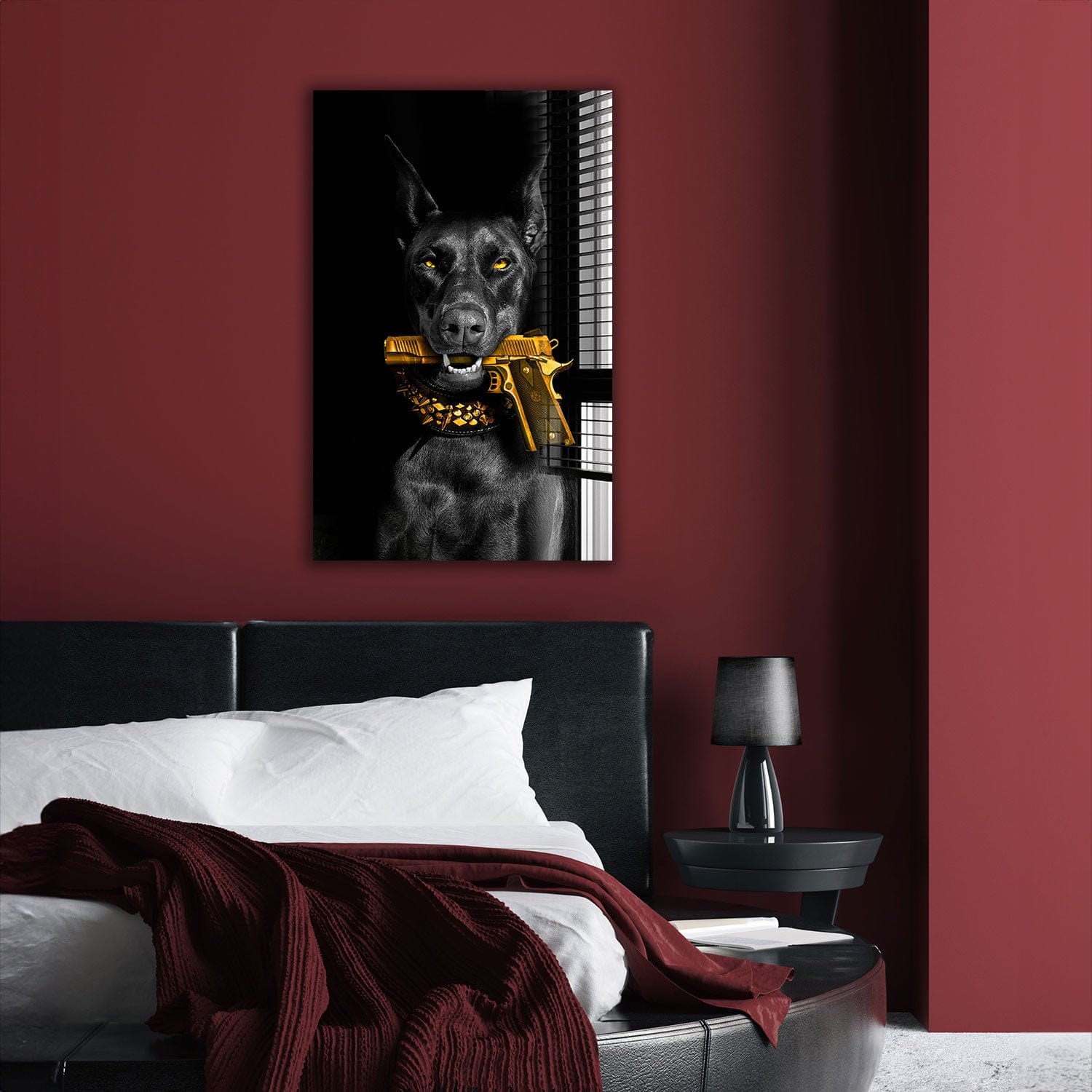 Artronauts Glass Print Doberman Holds a Gun