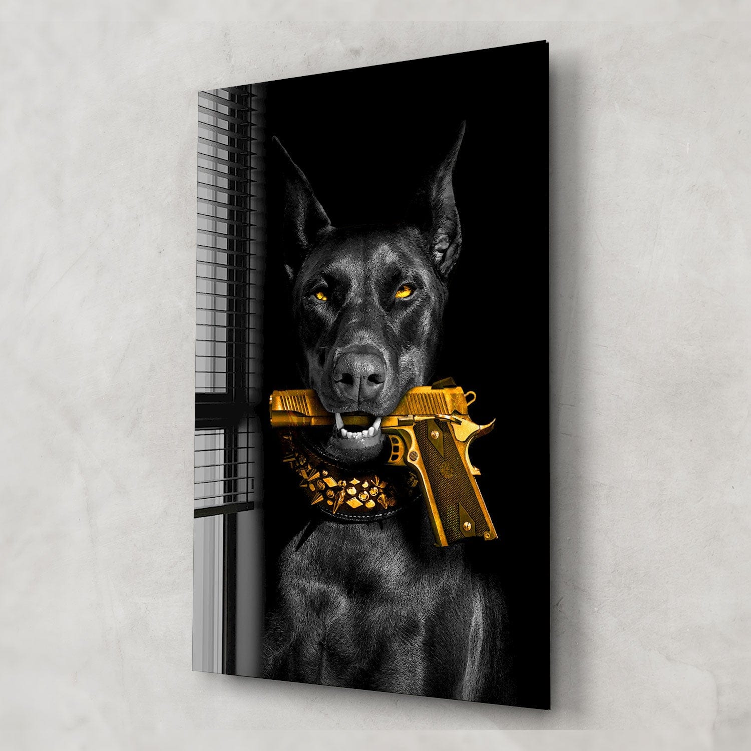 Artronauts Glass Print Doberman Holds a Gun