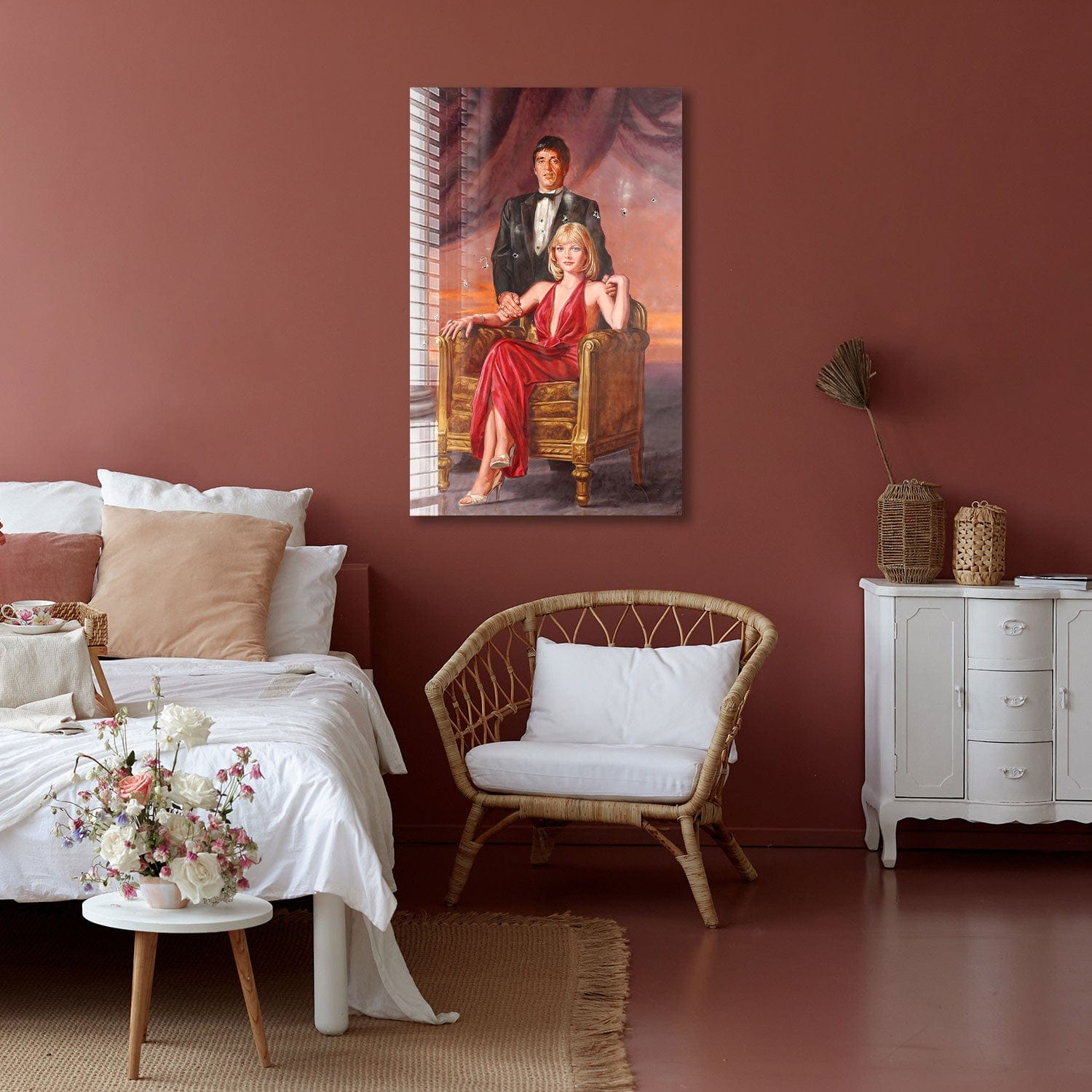 Artronauts Glass Print Tony Montana & Elvira Hancock - Scarface