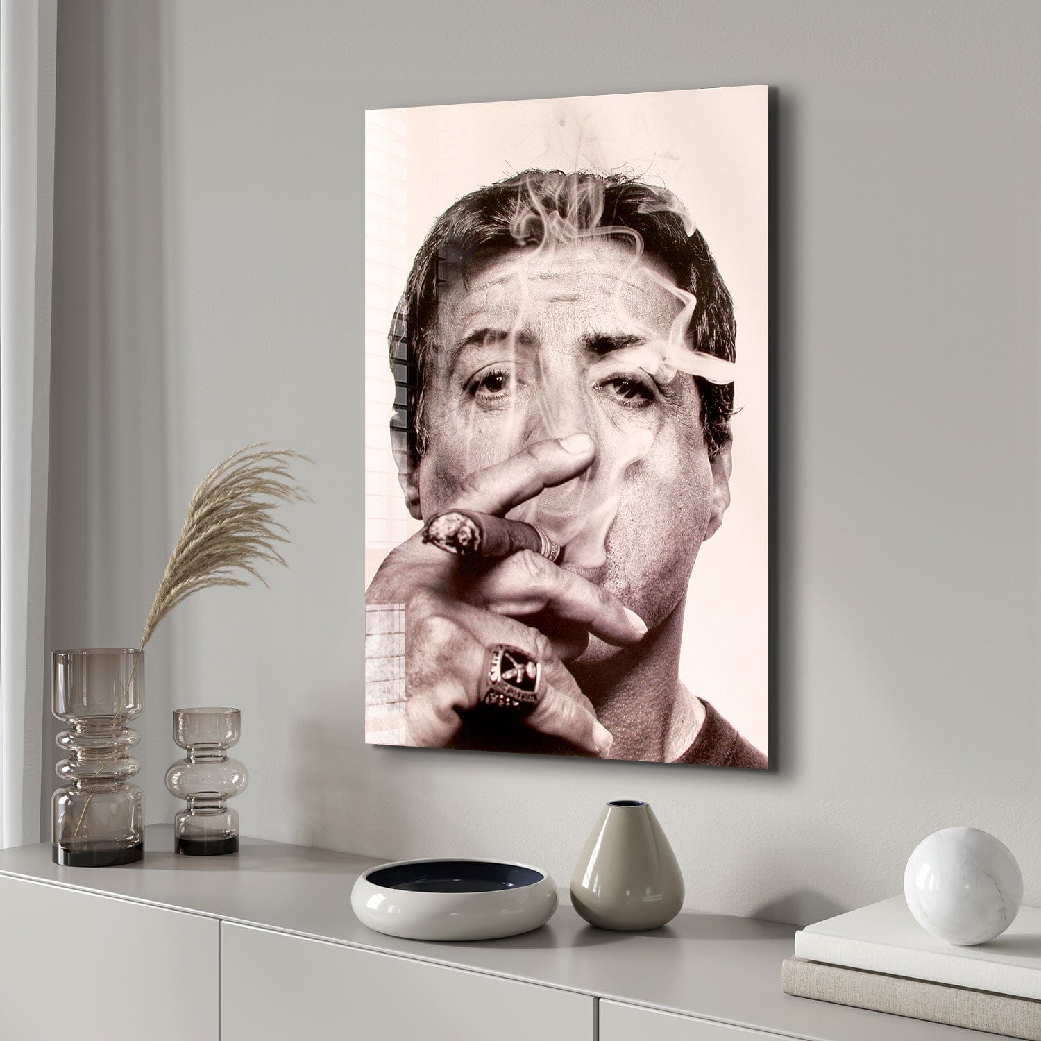 Artronauts Glass Print Sylvester Stallone Smoking Cigar