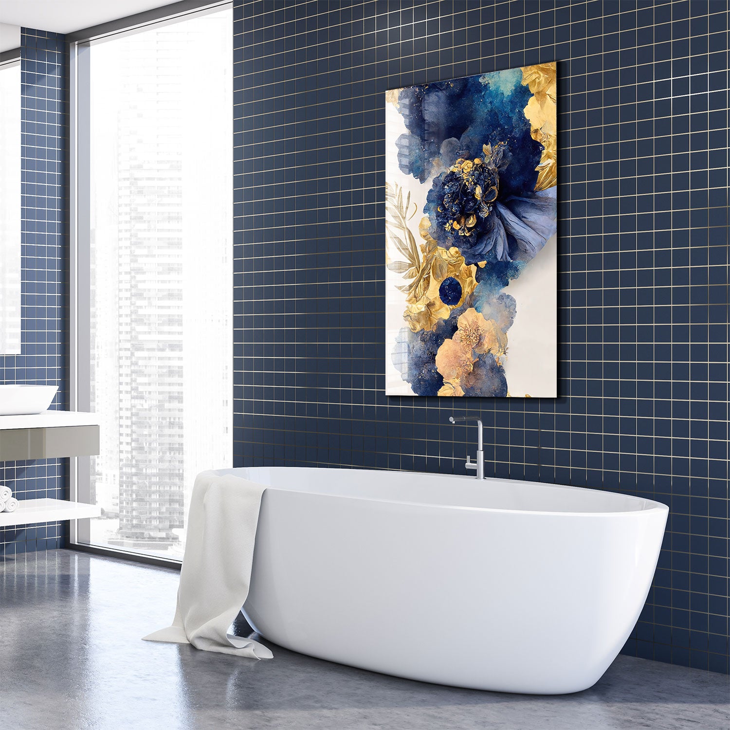 Abstract Blue&Gold Flower - Tempered Glass Wall Art