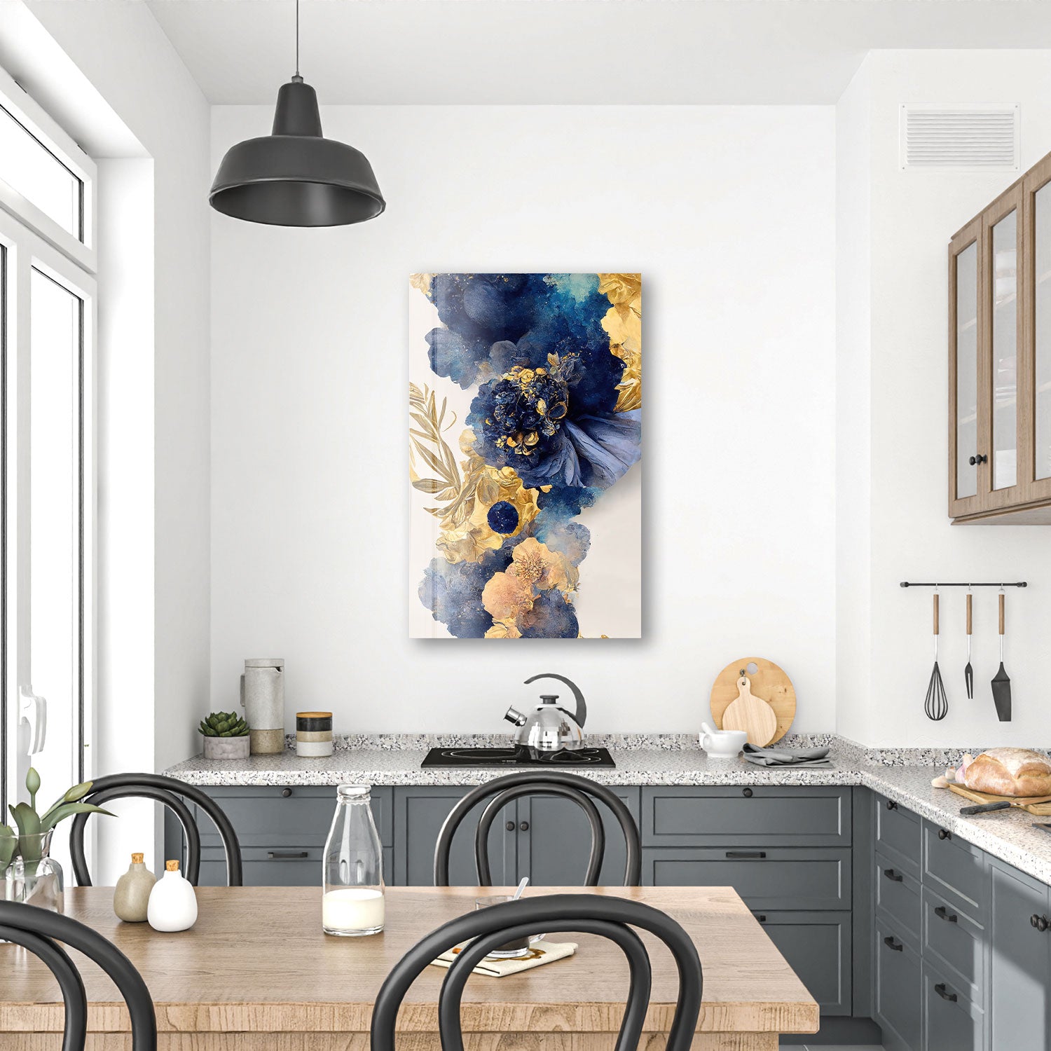 Abstract Blue&Gold Flower - Tempered Glass Wall Art