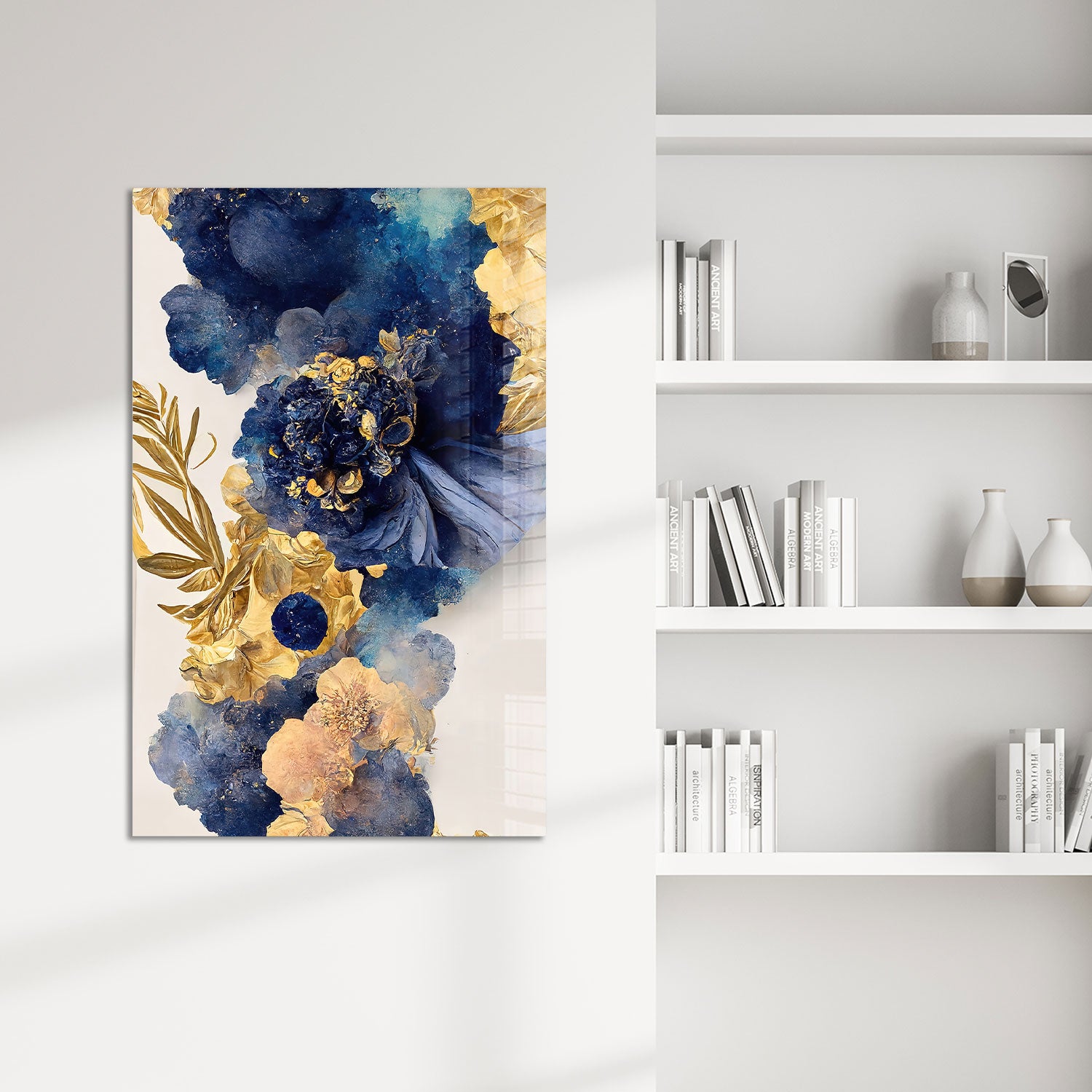 Abstract Blue&Gold Flower - Tempered Glass Wall Art