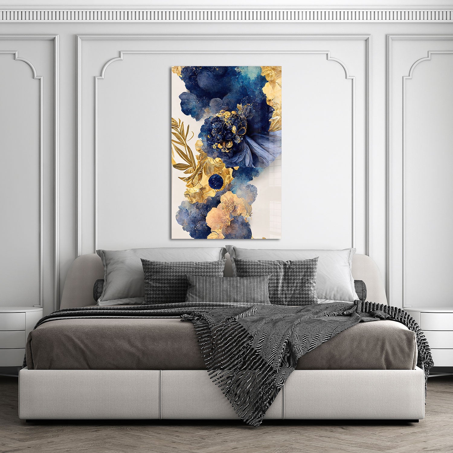Abstract Blue&Gold Flower - Tempered Glass Wall Art
