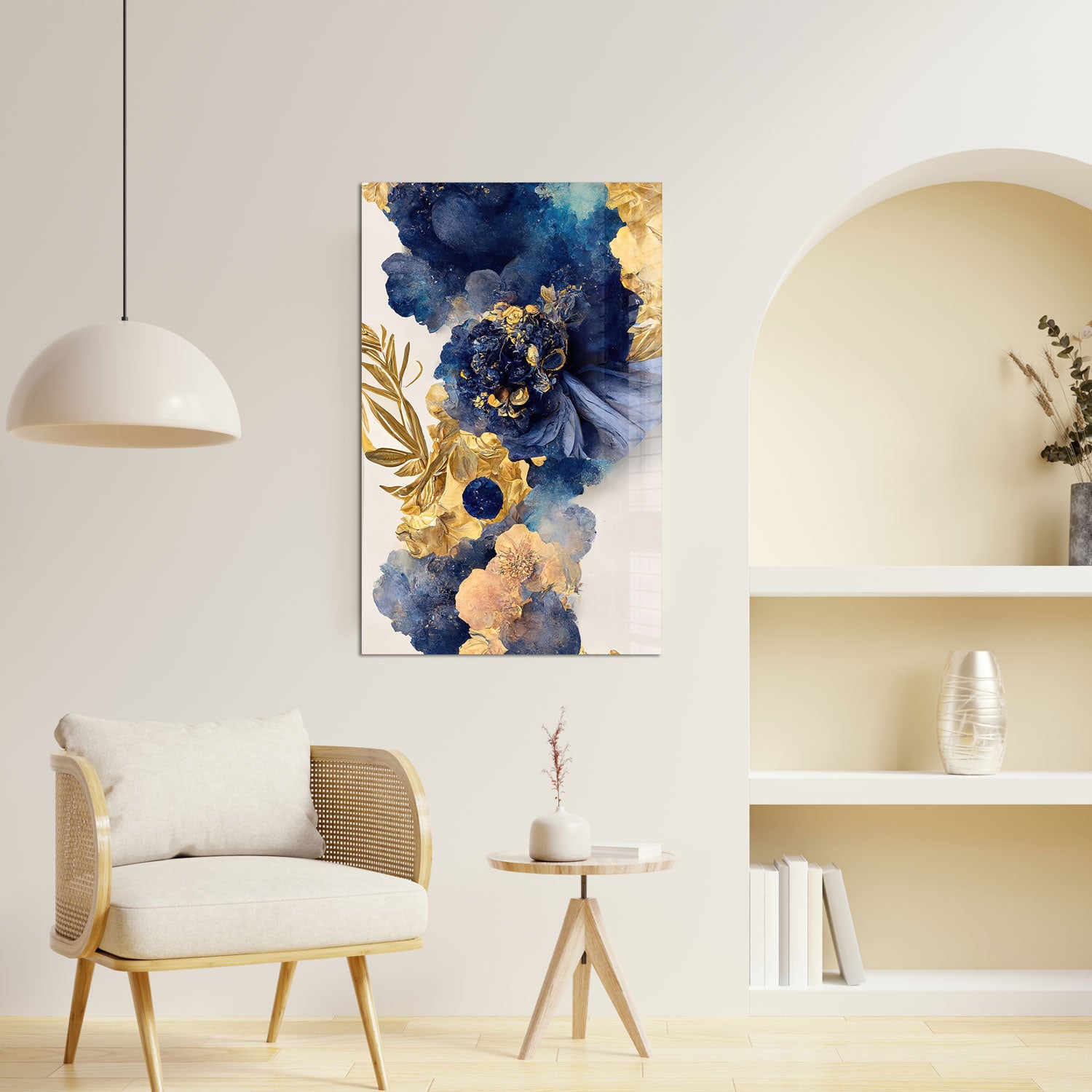 Abstract Blue&Gold Flower - Tempered Glass Wall Art