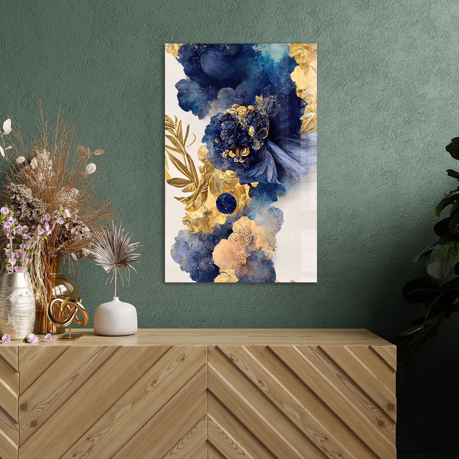 Abstract Blue&Gold Flower - Tempered Glass Wall Art