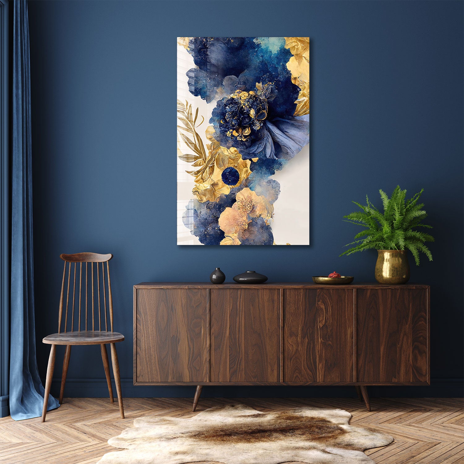 Abstract Blue&Gold Flower - Tempered Glass Wall Art