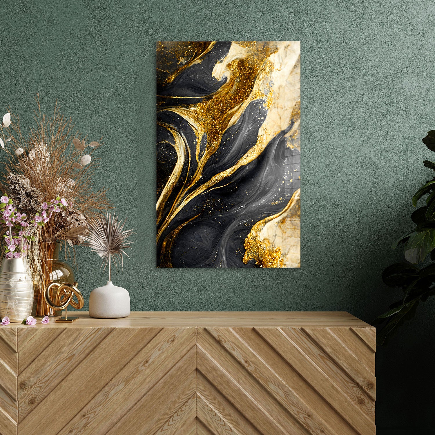 Abstract Gold&Black - Tempered Glass Wall Art