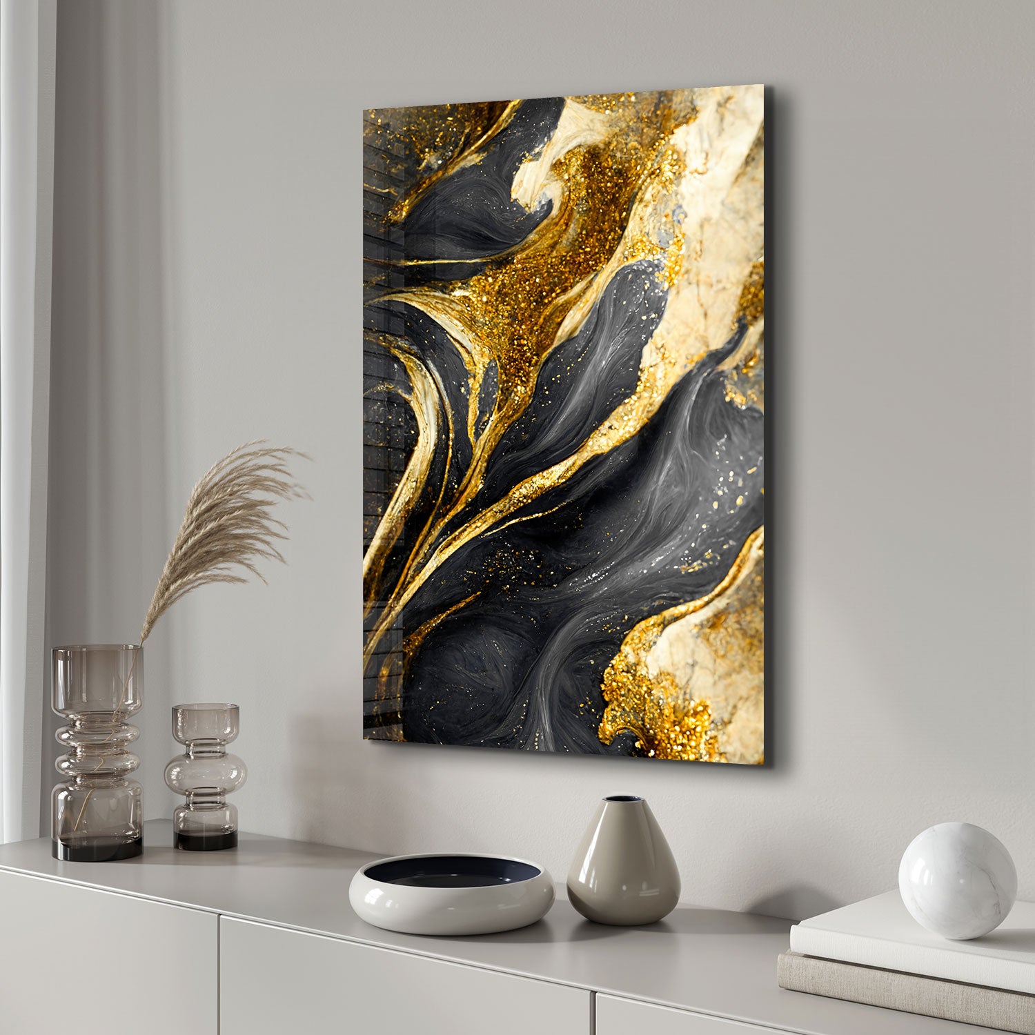 Abstract Gold&Black - Tempered Glass Wall Art