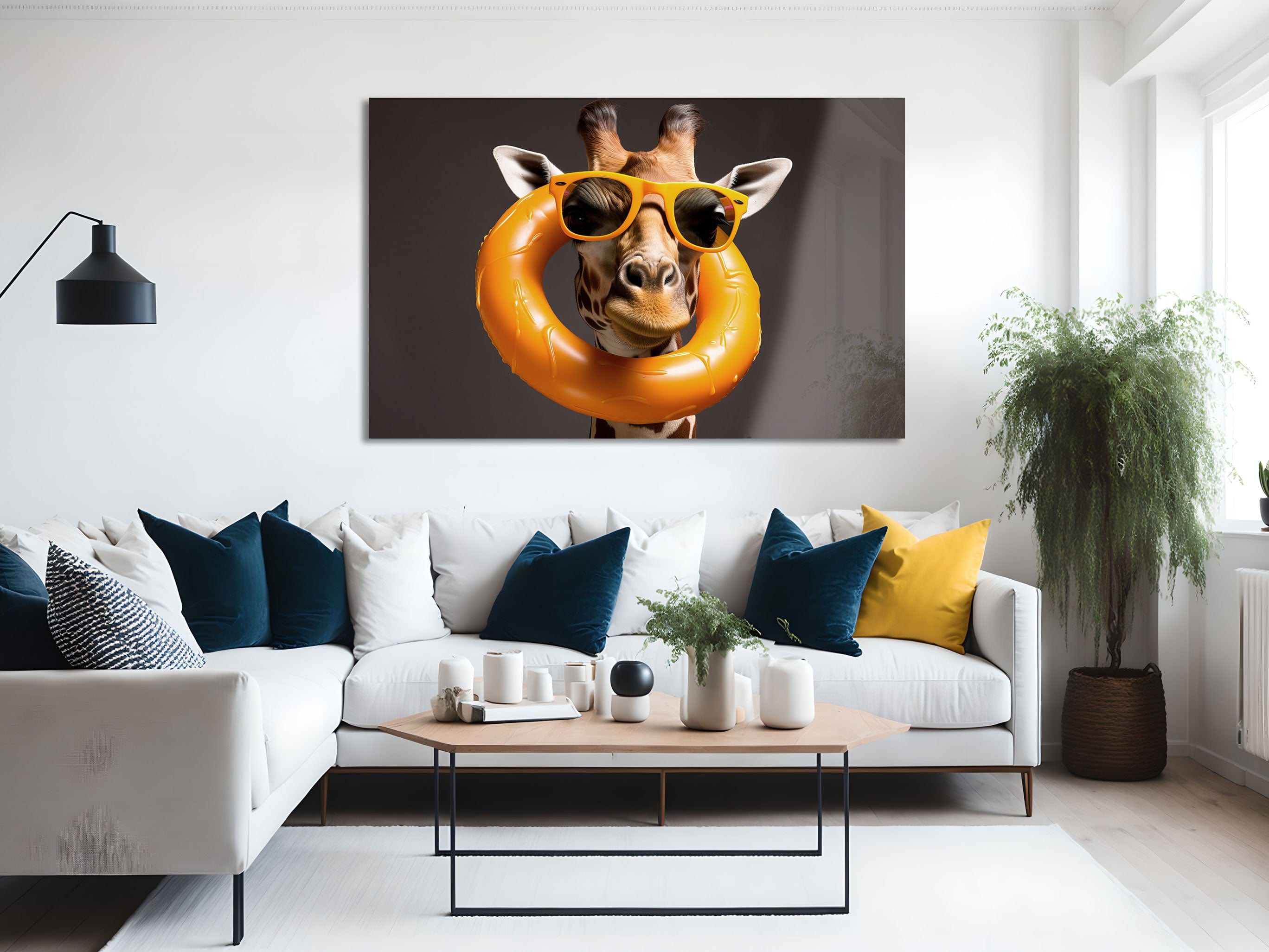 Artronauts Glass Print Giraffe Can Swim Too