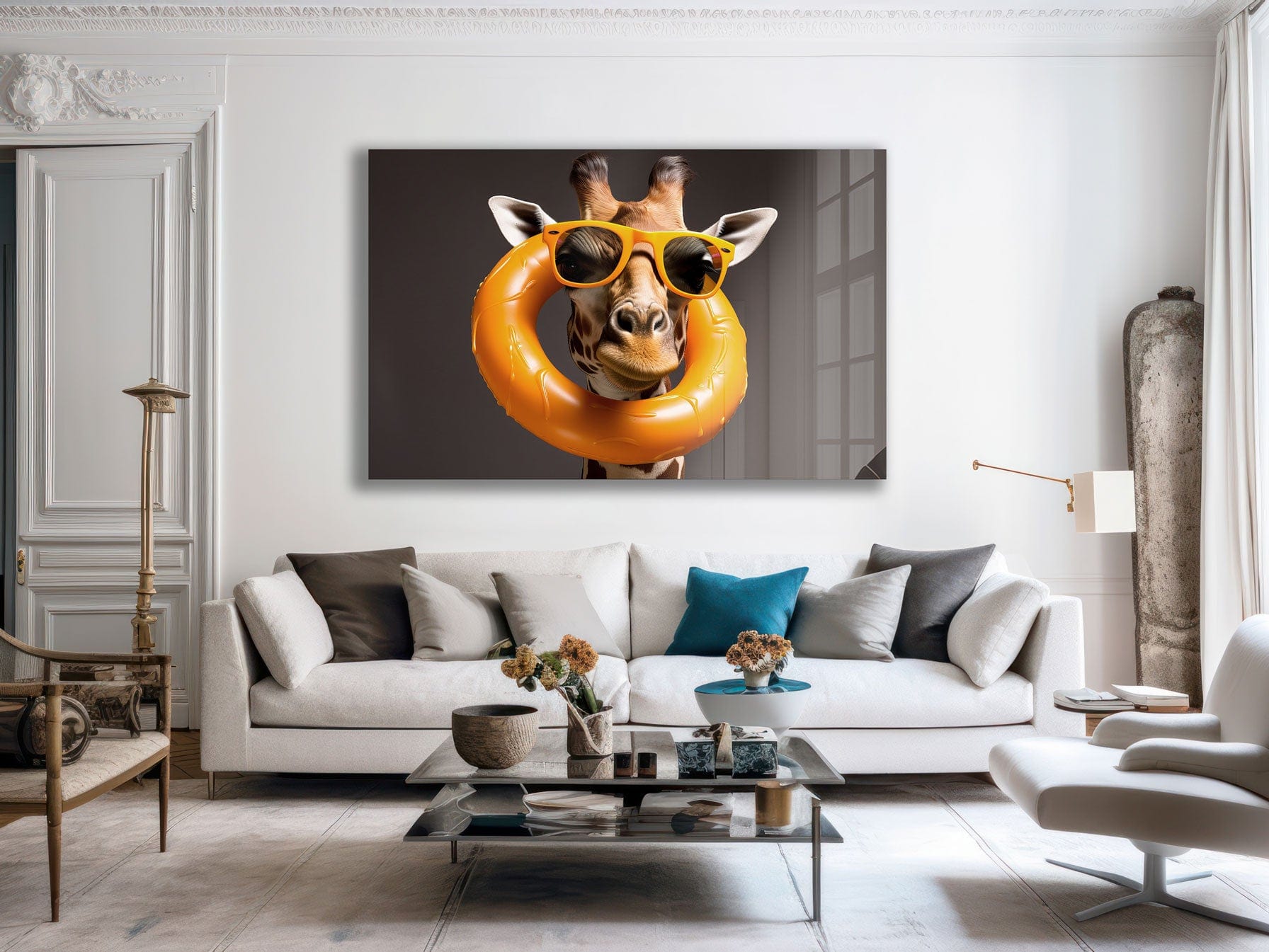 Artronauts Glass Print Giraffe Can Swim Too