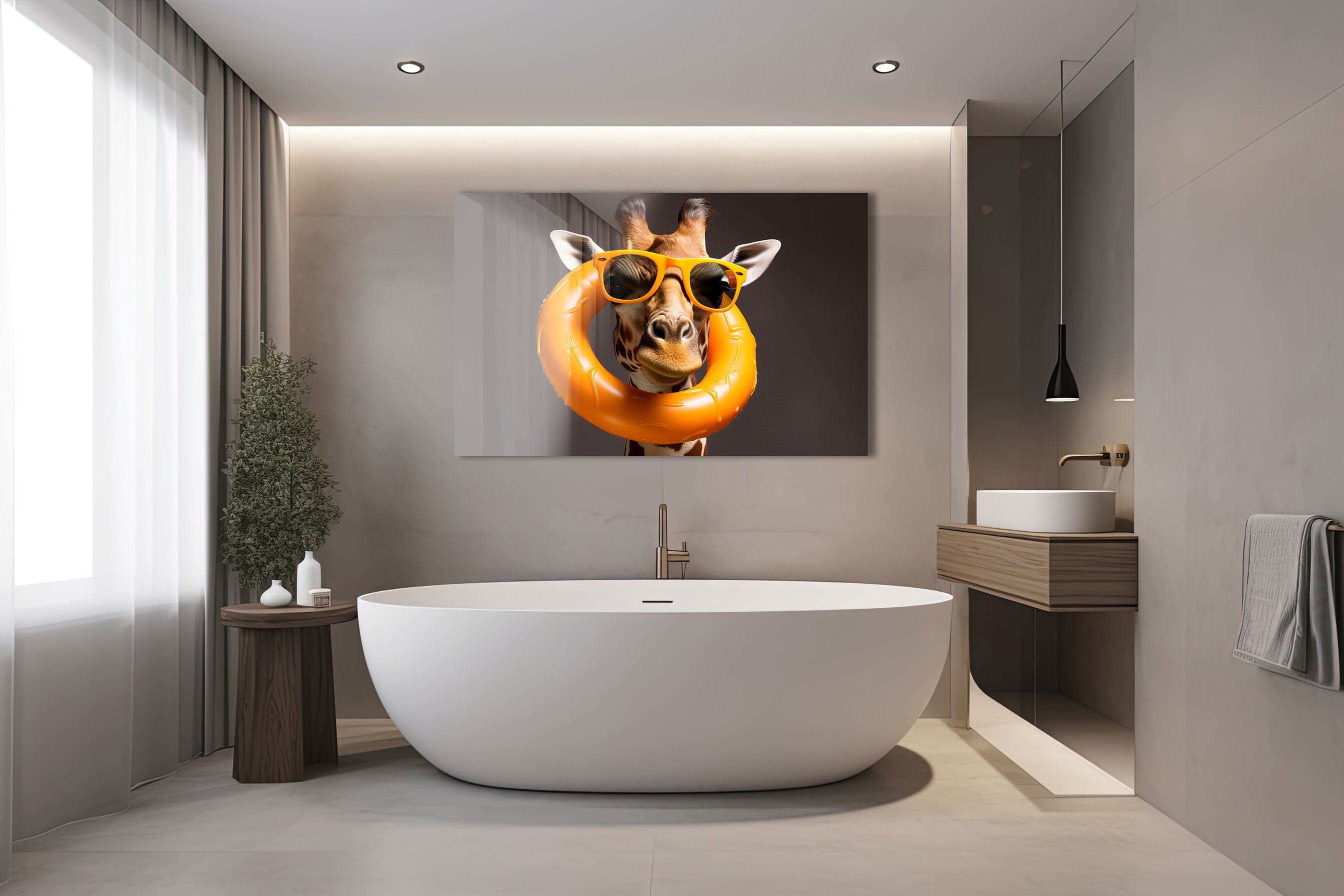 Artronauts Glass Print Giraffe Can Swim Too