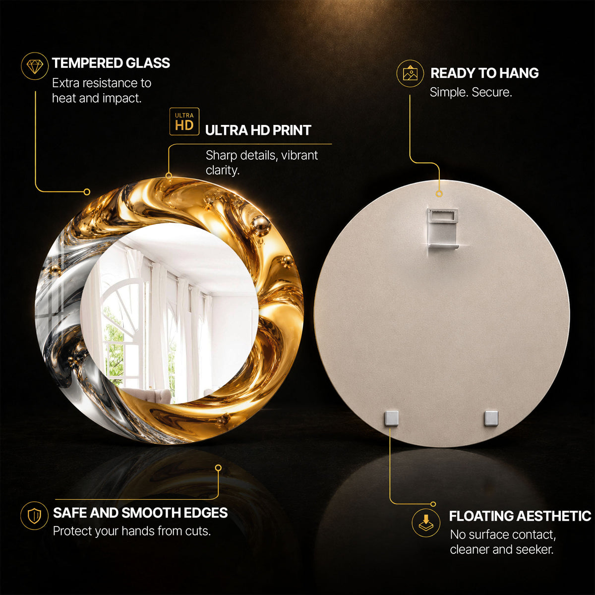 Molten Gold Swirl — tempered glass, ultra HD print, ready to hang