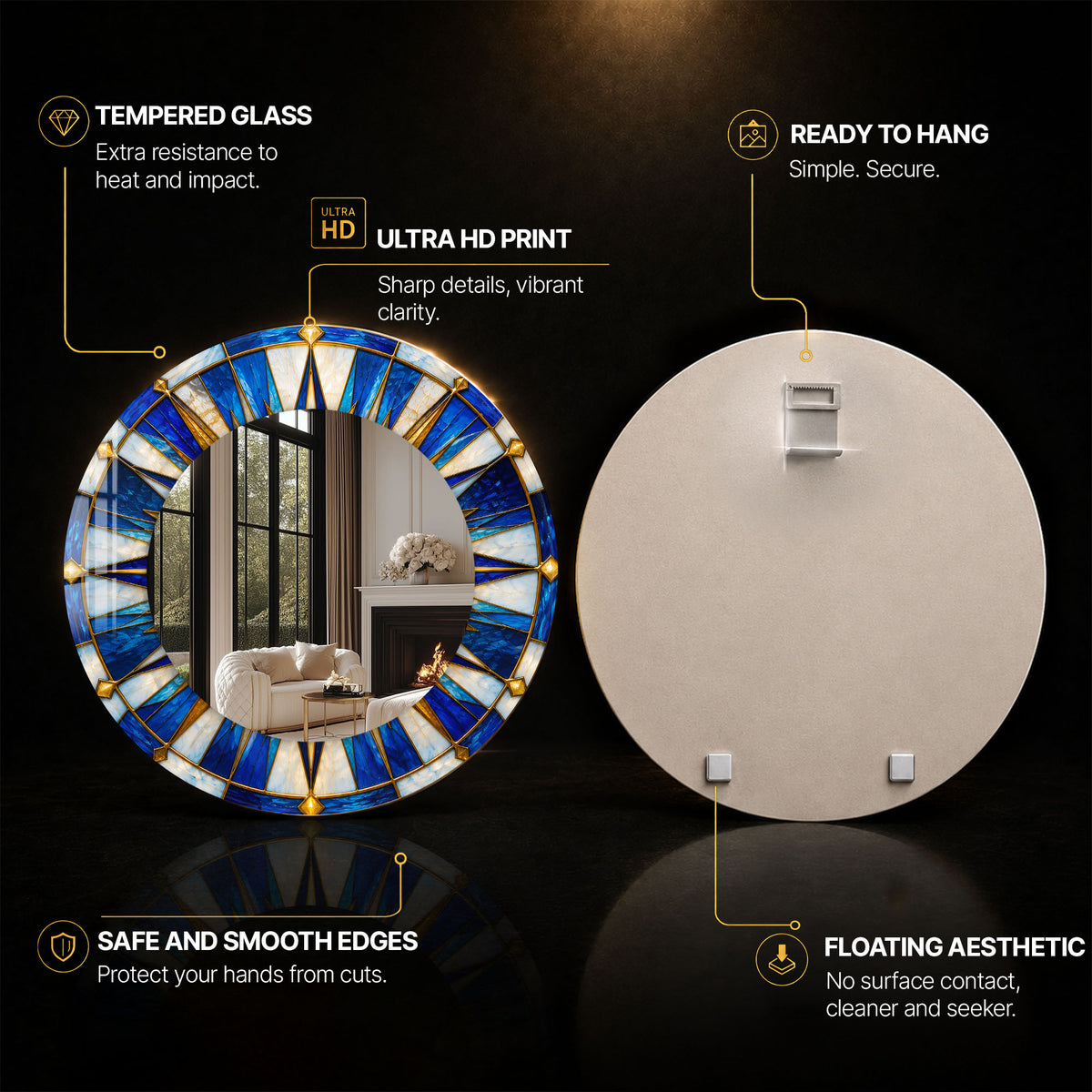 Sapphire Sunburst — tempered glass, ultra HD print, ready to hang
