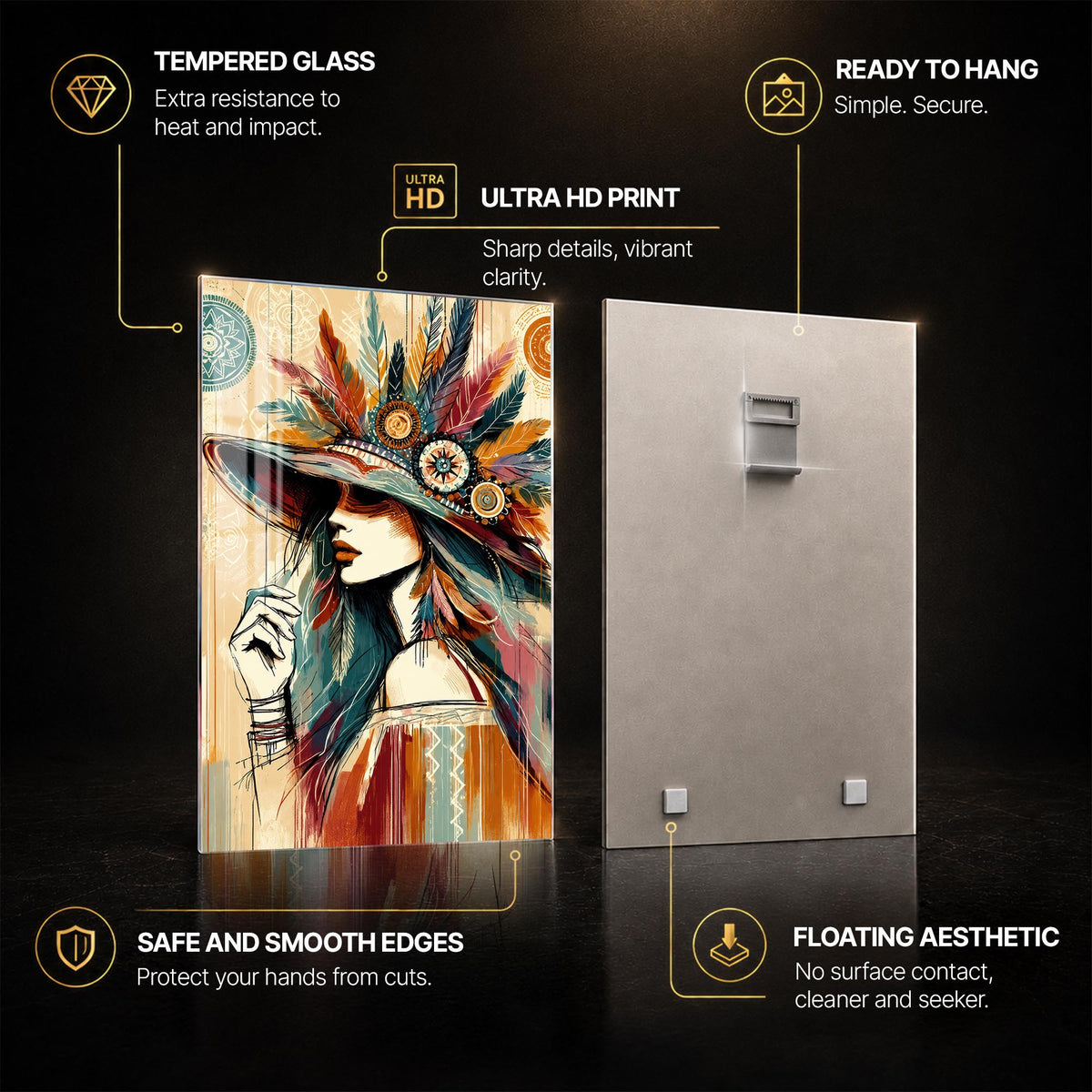 Feathered Bohemian Muse — tempered glass, ultra HD print, ready to hang