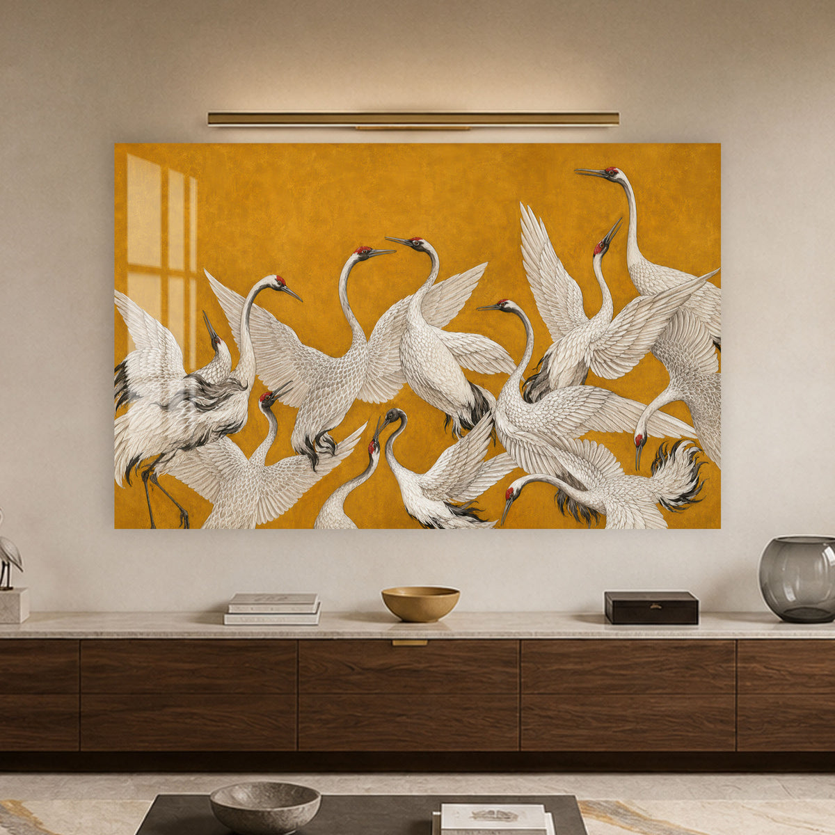 Golden Cranes in Flight in a modern room